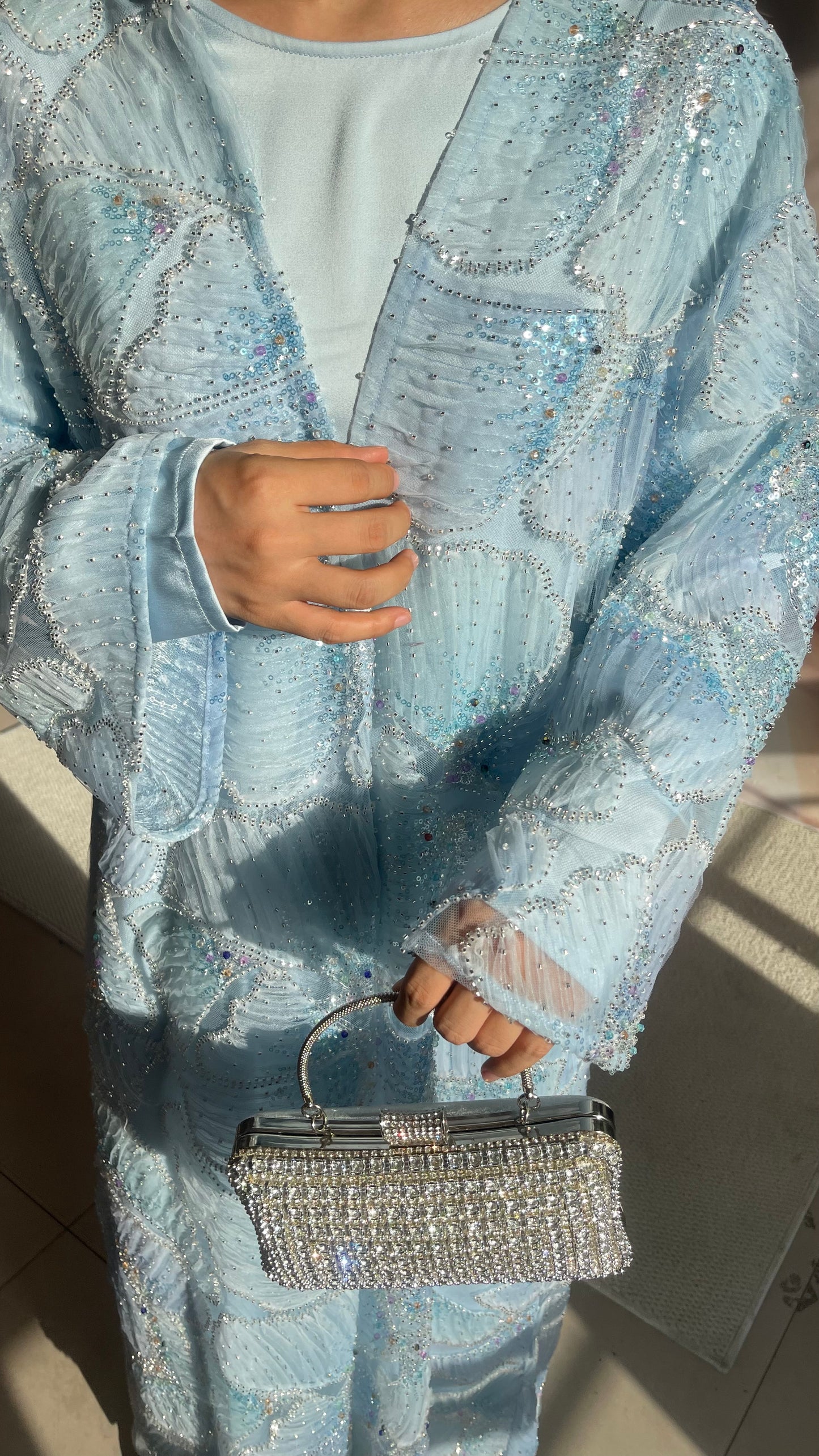 MSL883 Frozen Blue Multicolor Bead Princess Open Abaya