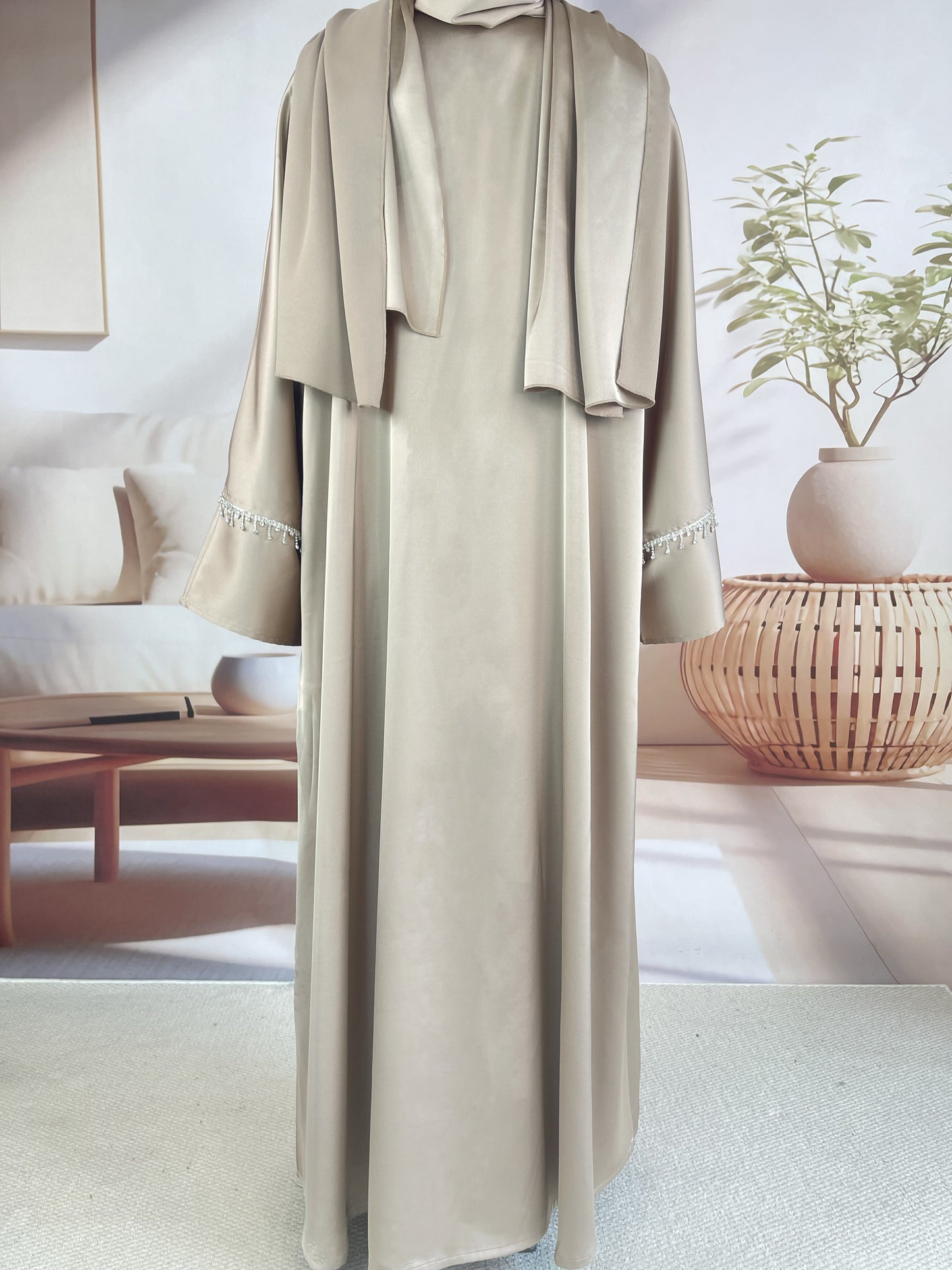 MSL041 Luxury Satin Abaya With Diamond Tassels Belt, 6-Piece Set