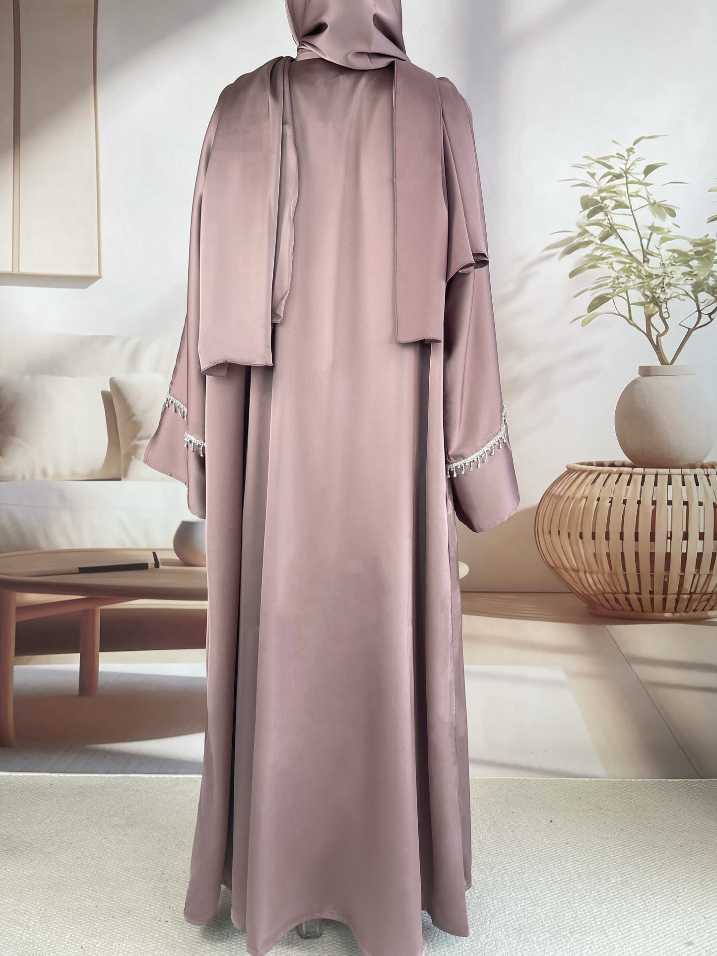 MSL041 Luxury Satin Abaya With Diamond Tassels Belt, 6-Piece Set