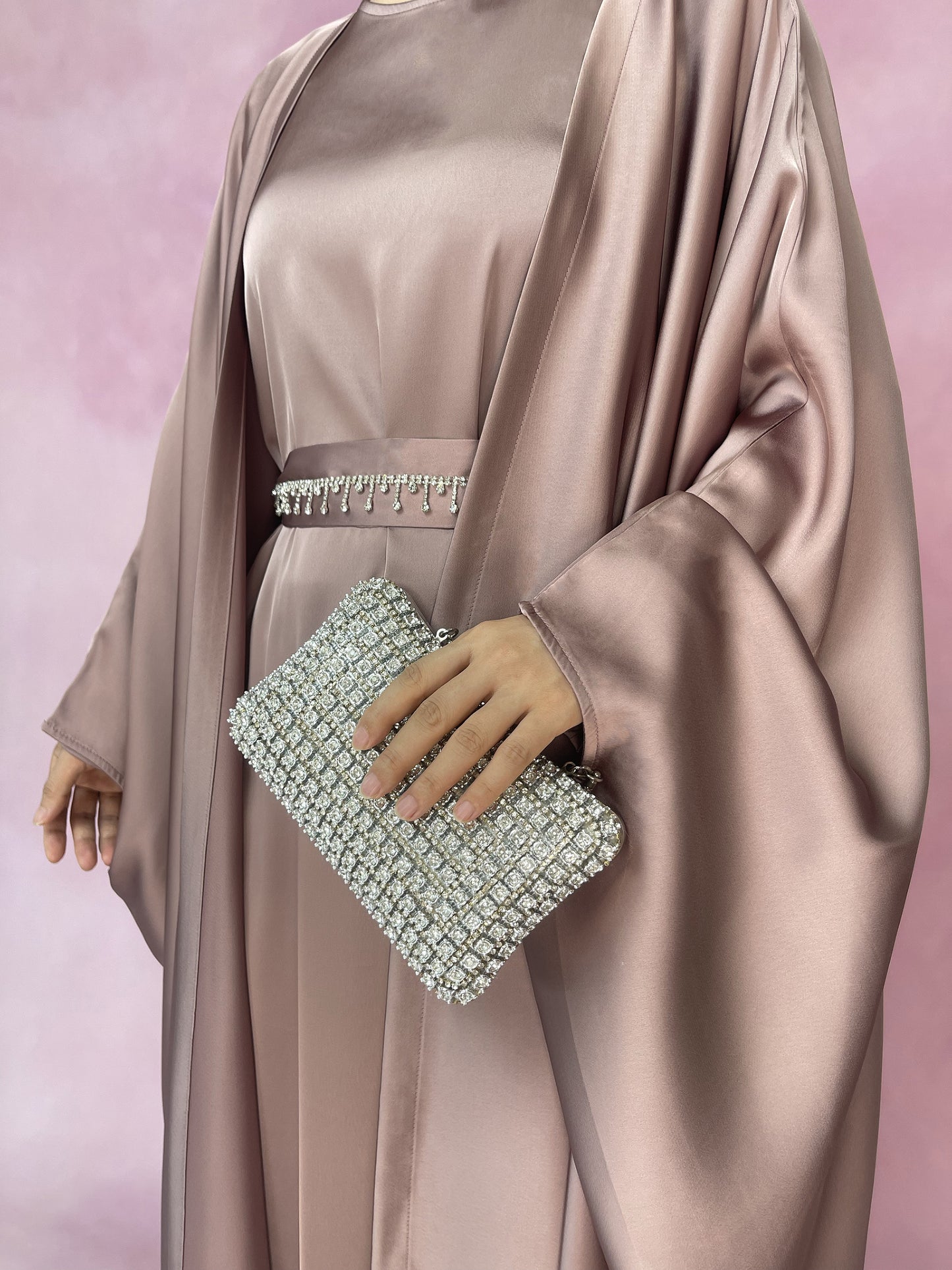 【Auf Lager】5-teiliges Set Butterfly Abaya mit Niqab, lose Vollabdeckung Satin Abaya MSL019