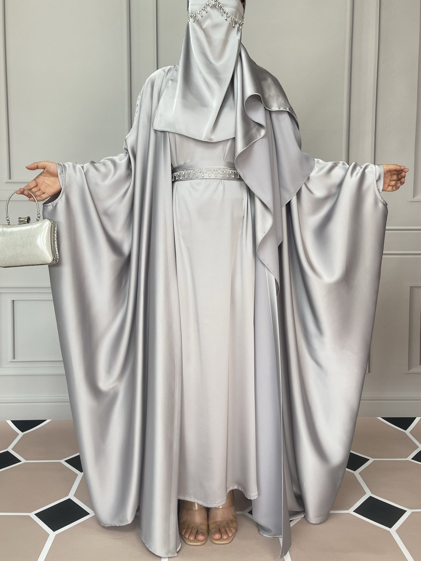 【Auf Lager】5-teiliges Set Butterfly Abaya mit Niqab, lose Vollabdeckung Satin Abaya MSL019