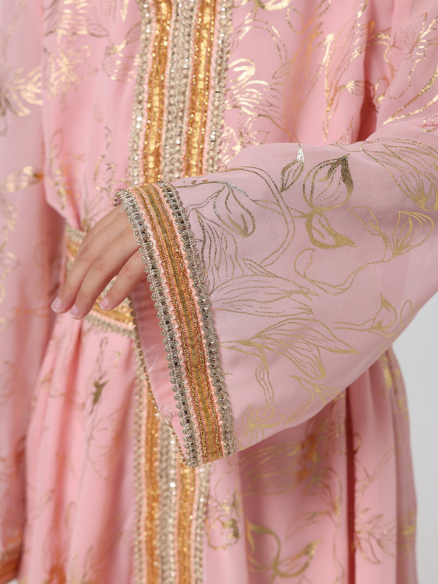 MSL411 Girls Abaya - V-Neck, Gold Foil Print | Hojumbo