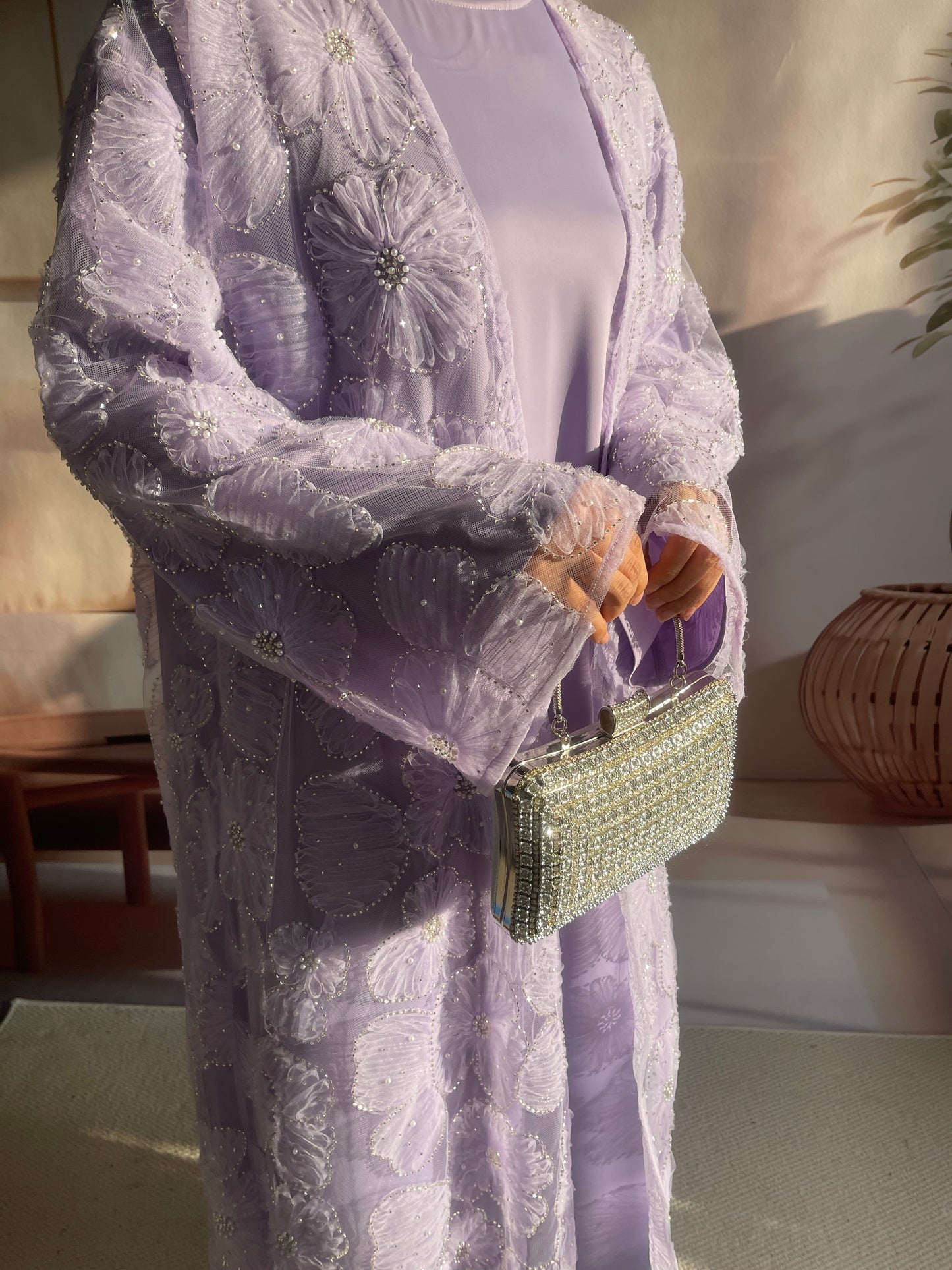 MSL881 Women 2 Pieces Set Open Abaya Mesh Flower Bead Embroidered Coat and Dress(Open Abaya+Inner Dress)