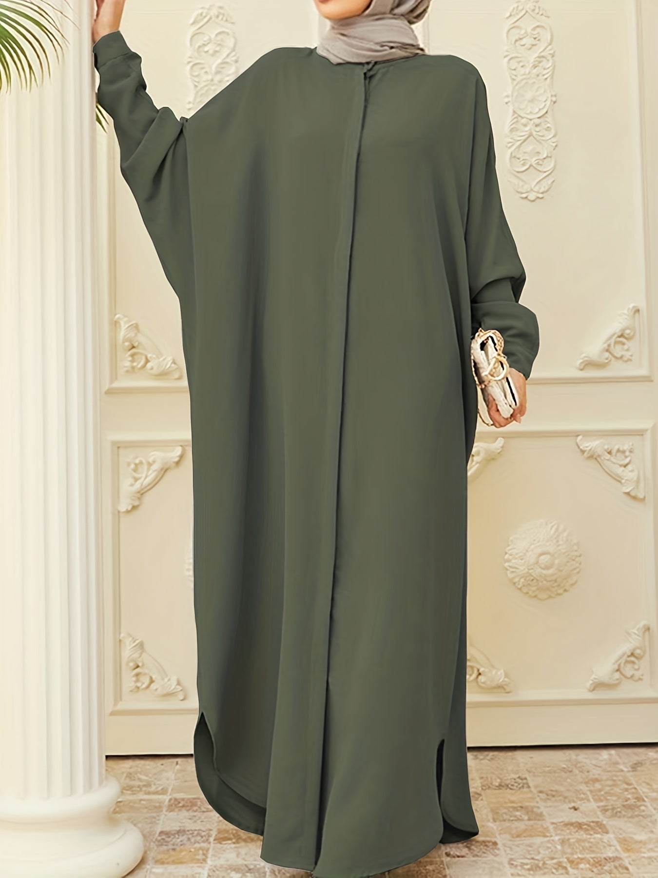 kebaya Ramadan Solid Batwing Sleeve Kaftan Abaya, Elegant Loose Split Maxi Length Dress, Women's Clothing MSL37