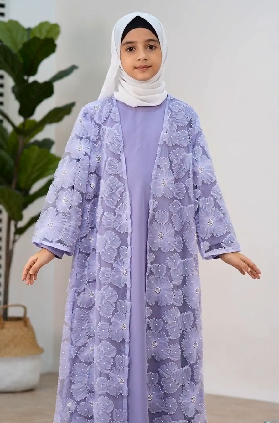MK2653 Muslim Girl Set 2-Piece Satin Dress and Flower Beaded Cardigan Abaya