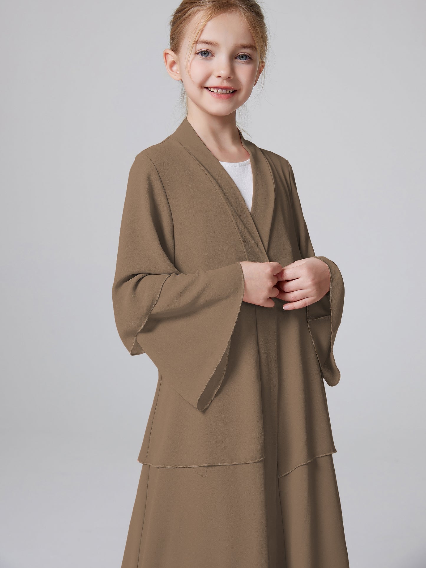 Ramadan Muslim Girls 3 Layered Chiffon Kids Abaya Dress Open Front Abaya Kebaya Outerwear (Without Hijab) MSL132