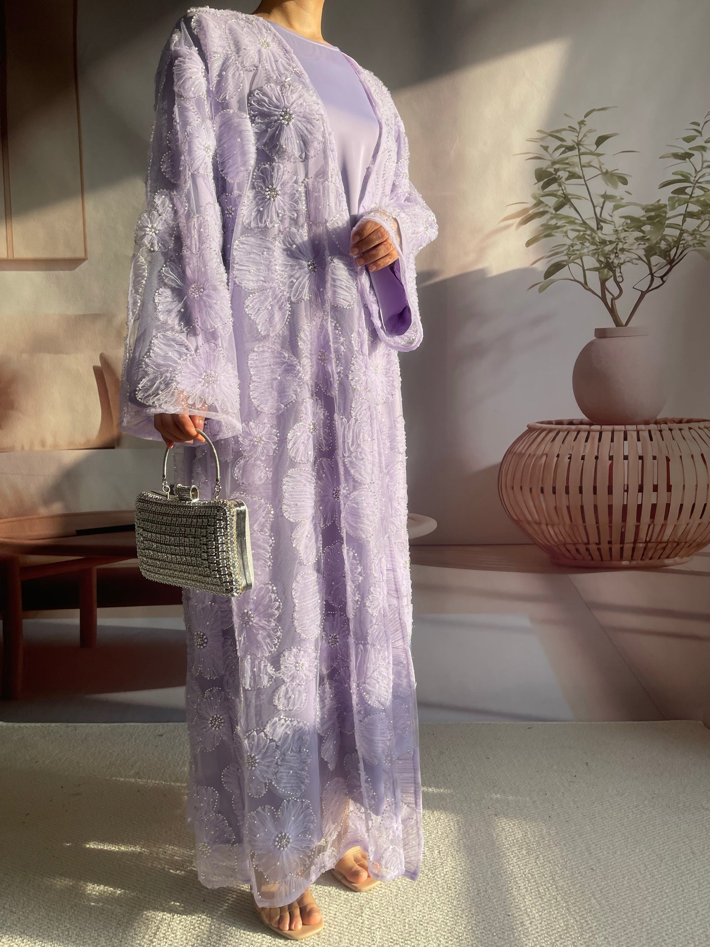 MSL881 Women 2 Pieces Set Open Abaya Mesh Flower Bead Embroidered Coat and Dress(Open Abaya+Inner Dress)
