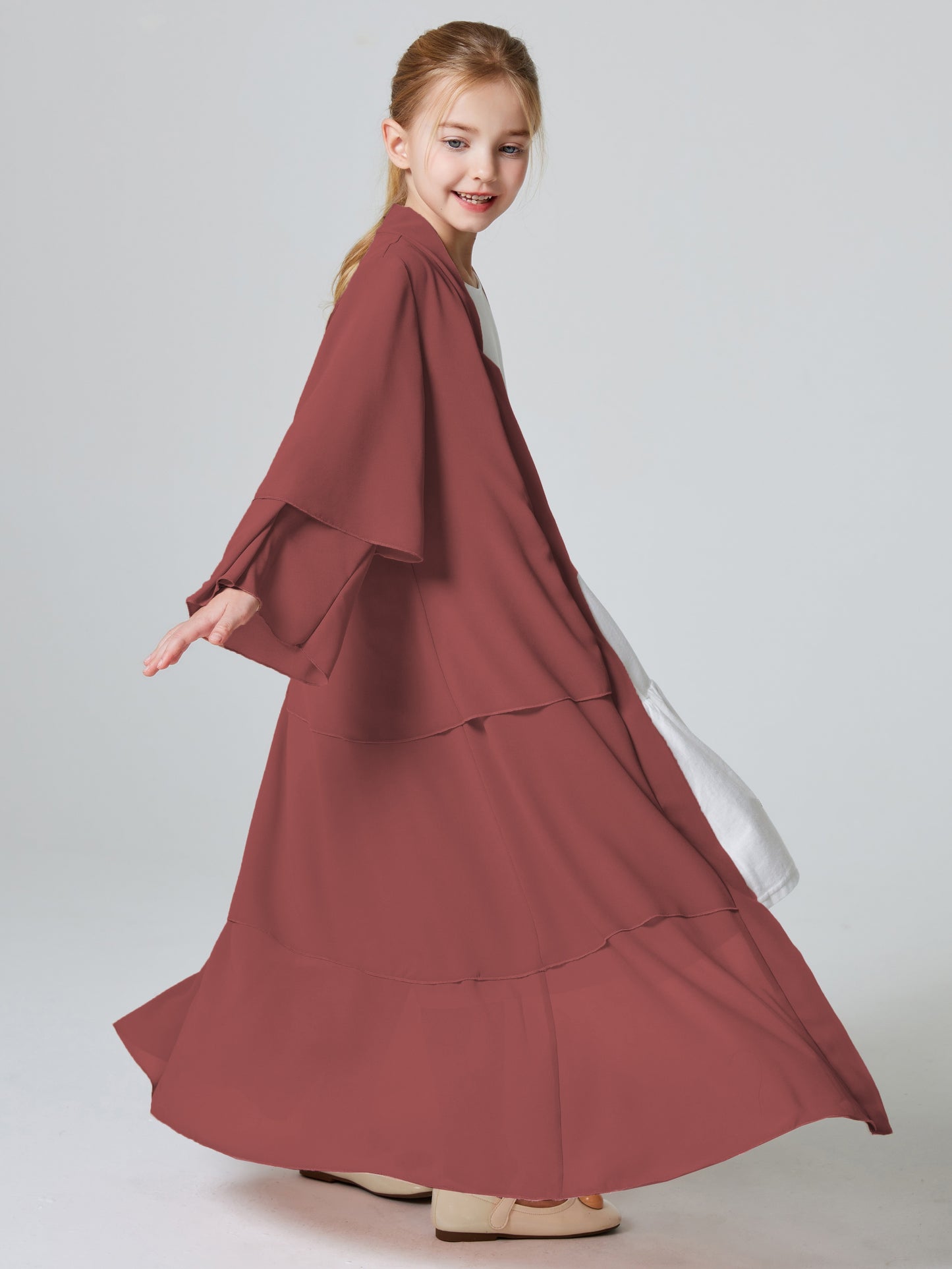 Ramadan Muslim Girls 3 Layered Chiffon Kids Abaya Dress Open Front Abaya Kebaya Outerwear (Without Hijab) MSL132