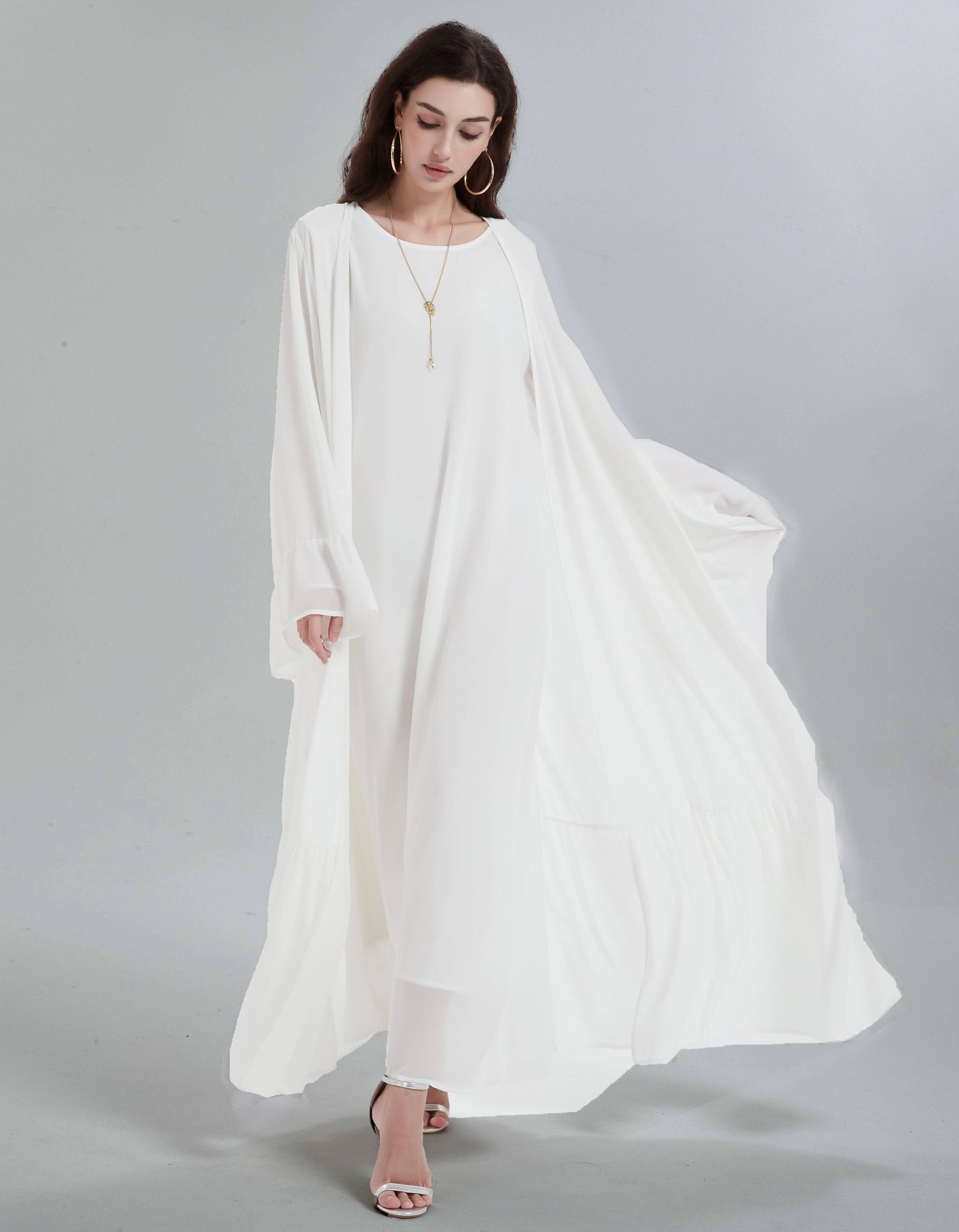 Muslim robe islamic clothing women' Maxi dress slong sleeve muslim dresses Chiffon flared sleeves flower hem cardigan abaya with turban (Belt included) MSL0666