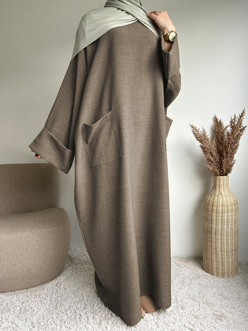 Middle Eastern Muslim long gown, women's long dress, solid-colored pocket Islamic dress Abaya GBR01