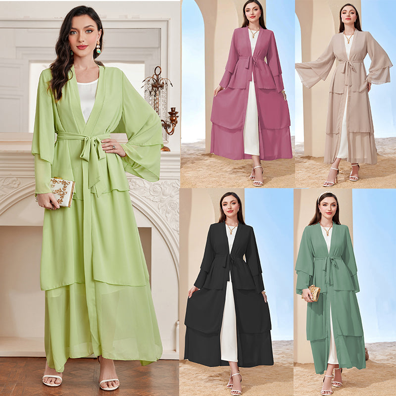 Ramadan kebaya Layered Open Front Abaya, Long Sleeve Dress With Belted , Without Hijab, Women's Clothing MSL1