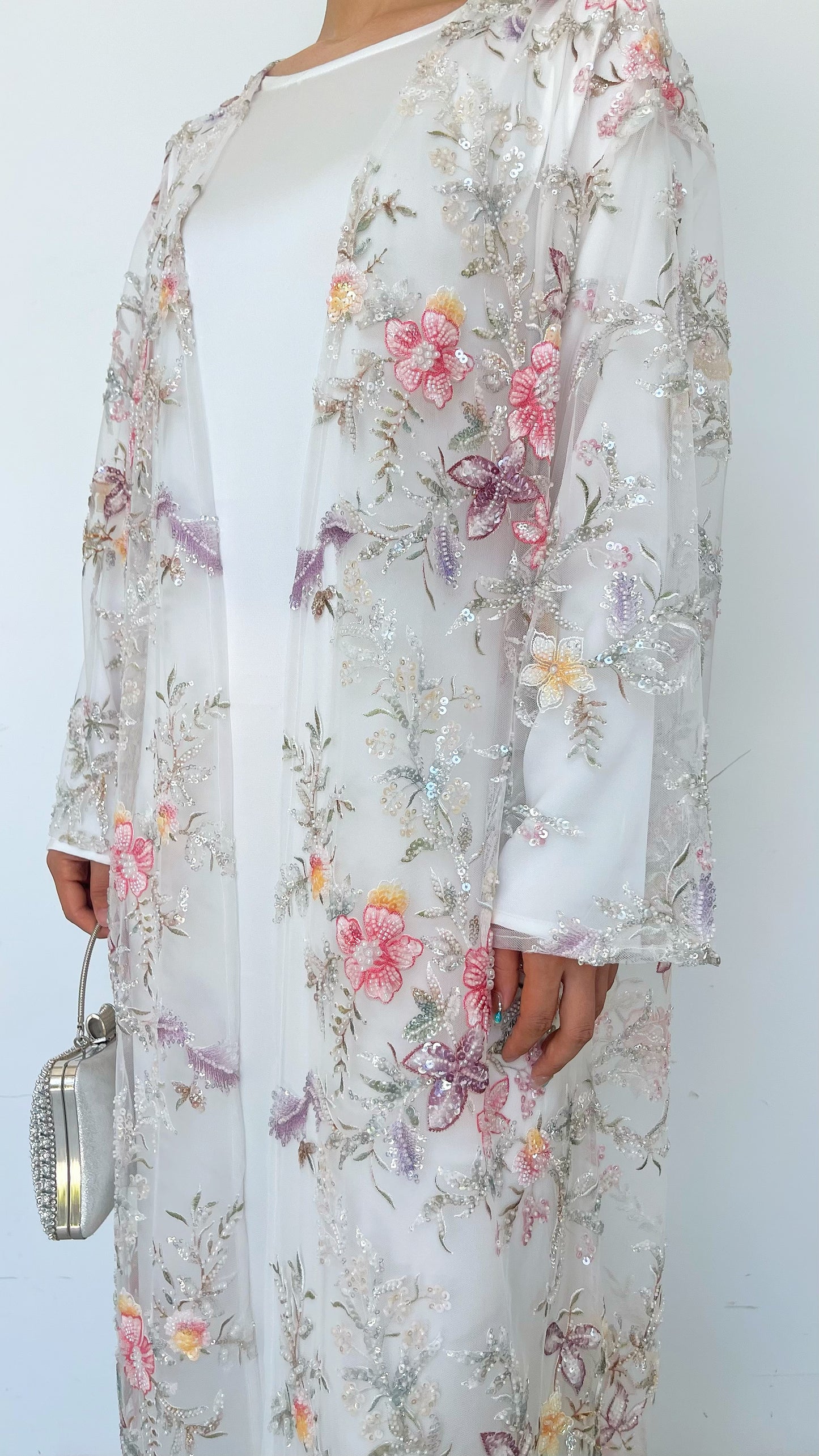 MSL896 White Pearl Flowers Open Abaya Set
