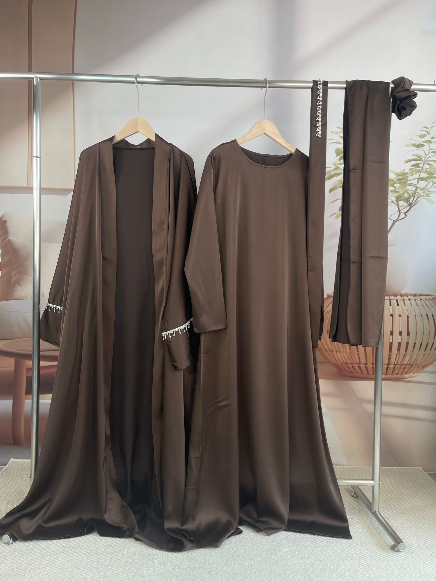 MSL041 Luxury Satin Abaya With Diamond Tassels Belt, 6-Piece Set