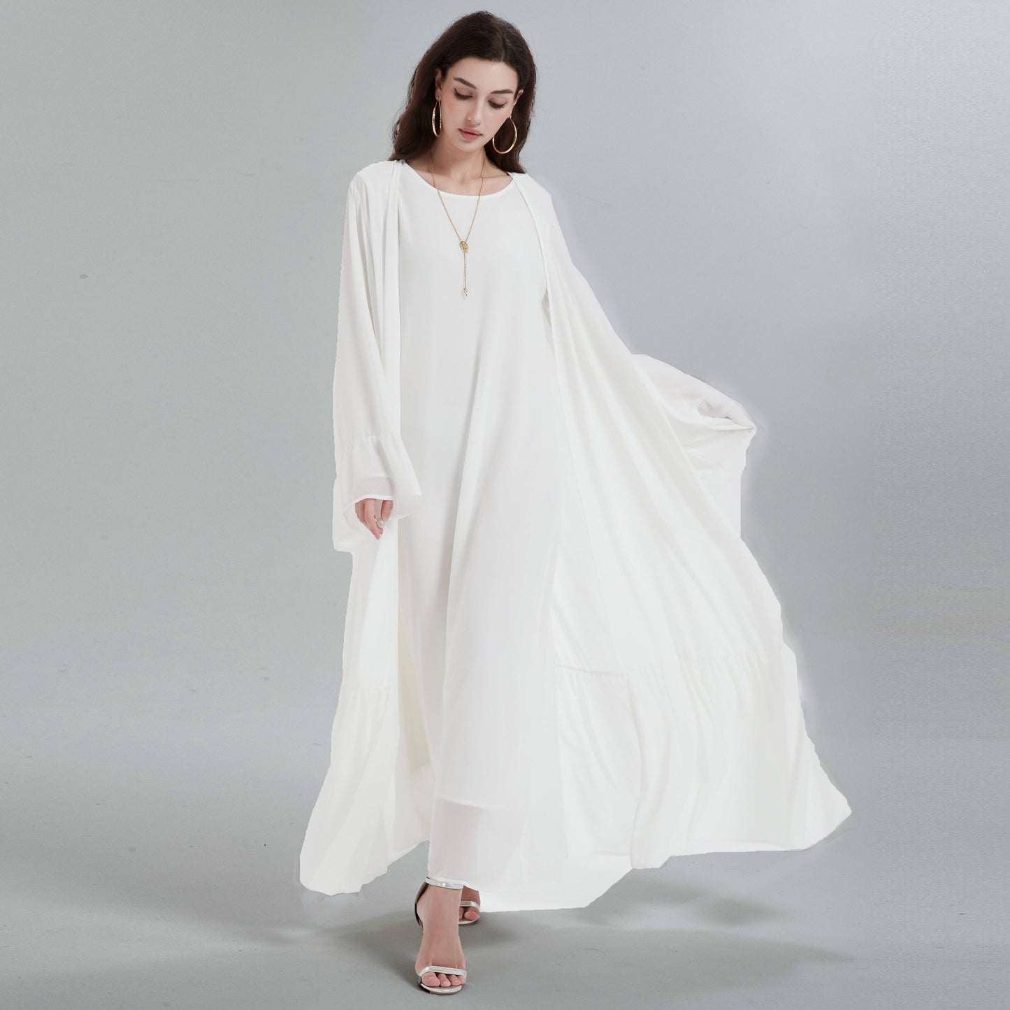 Muslim robe islamic clothing women' Maxi dress slong sleeve muslim dresses Chiffon flared sleeves flower hem cardigan abaya with turban (Belt included) MSL0666