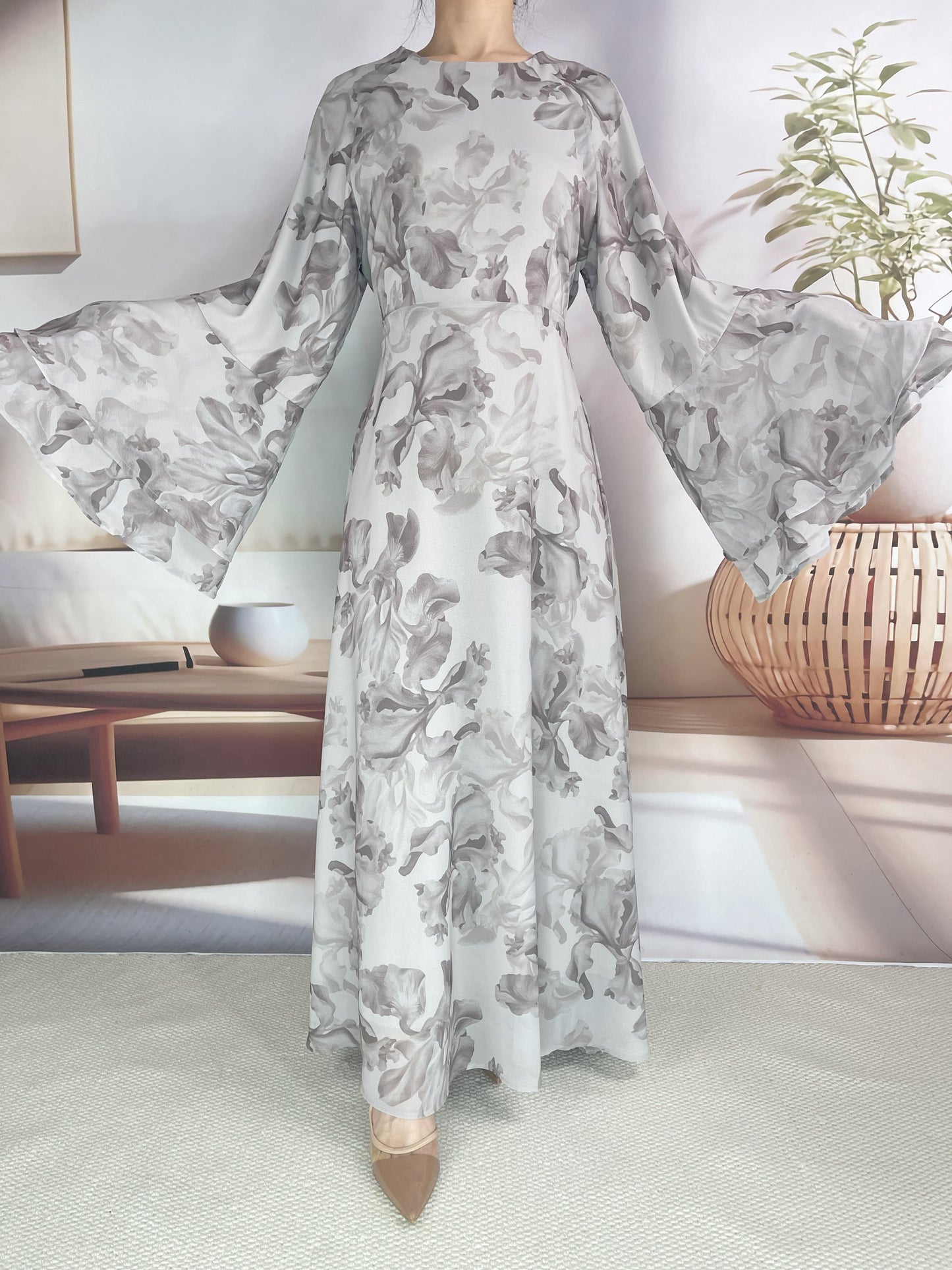 MSL8266 Ramadan kebaya Muslim women's chiffon print flared sleeve dress headscarf two-piece set