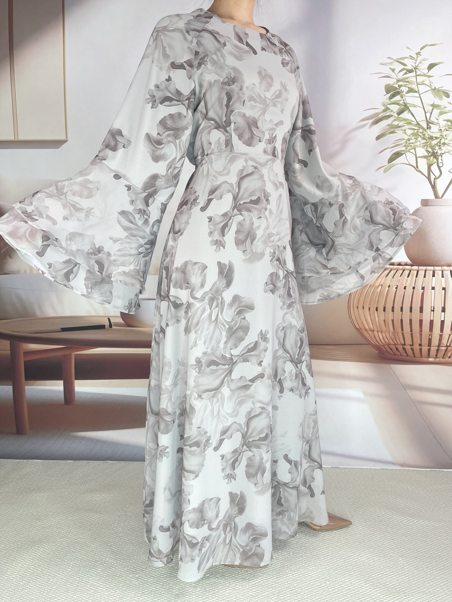 MSL8266 Ramadan kebaya Muslim women's chiffon print flared sleeve dress headscarf two-piece set