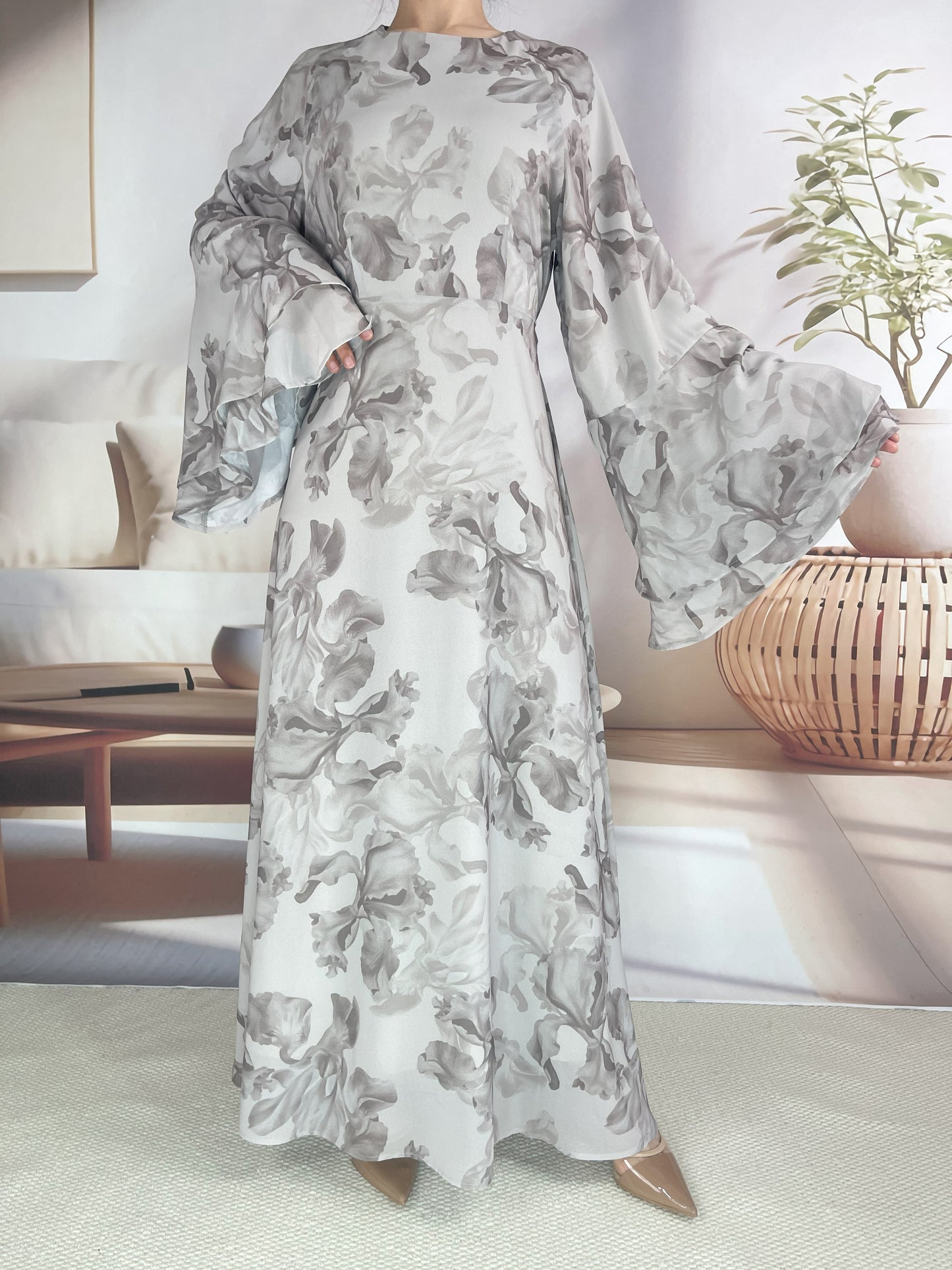MSL8266 Ramadan kebaya Muslim women's chiffon print flared sleeve dress headscarf two-piece set