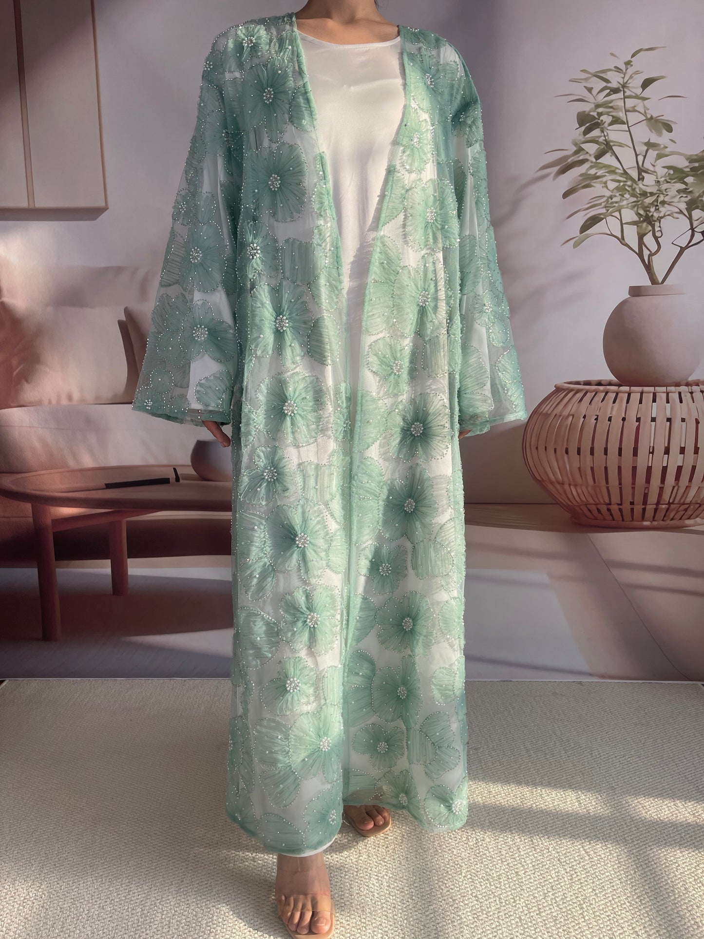 MSL881 Women 2 Pieces Set Open Abaya Mesh Flower Bead Embroidered Coat and Dress(Open Abaya+Inner Dress)