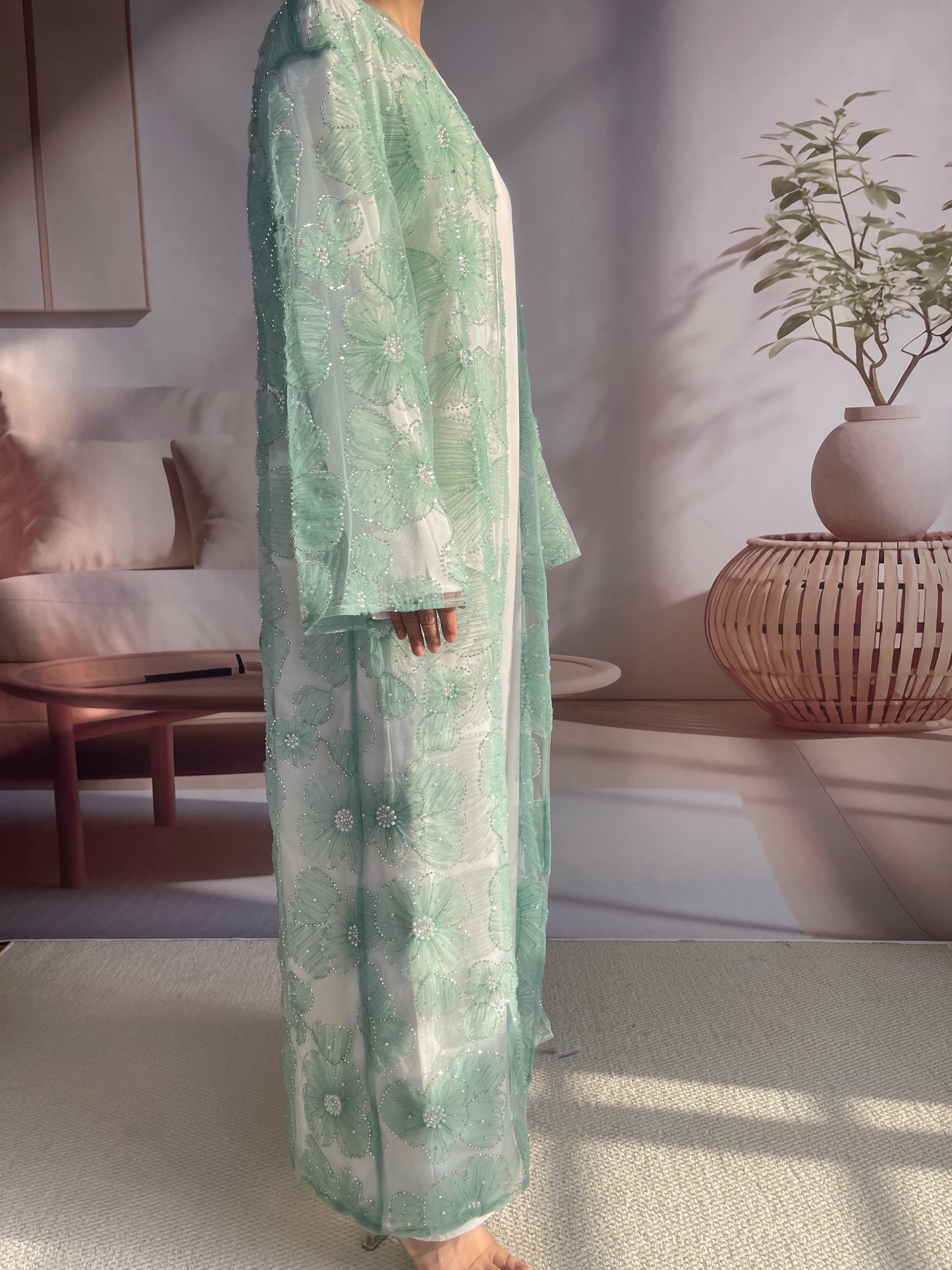 MSL881 Women 2 Pieces Set Open Abaya Mesh Flower Bead Embroidered Coat and Dress(Open Abaya+Inner Dress)