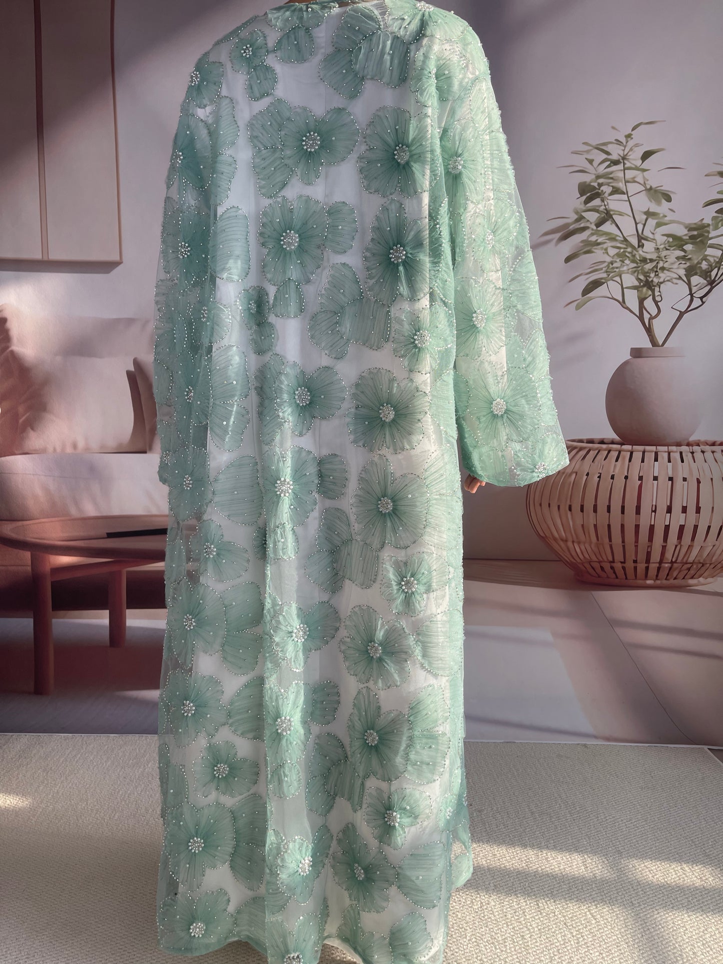 MSL881 Women 2 Pieces Set Open Abaya Mesh Flower Bead Embroidered Coat and Dress(Open Abaya+Inner Dress)