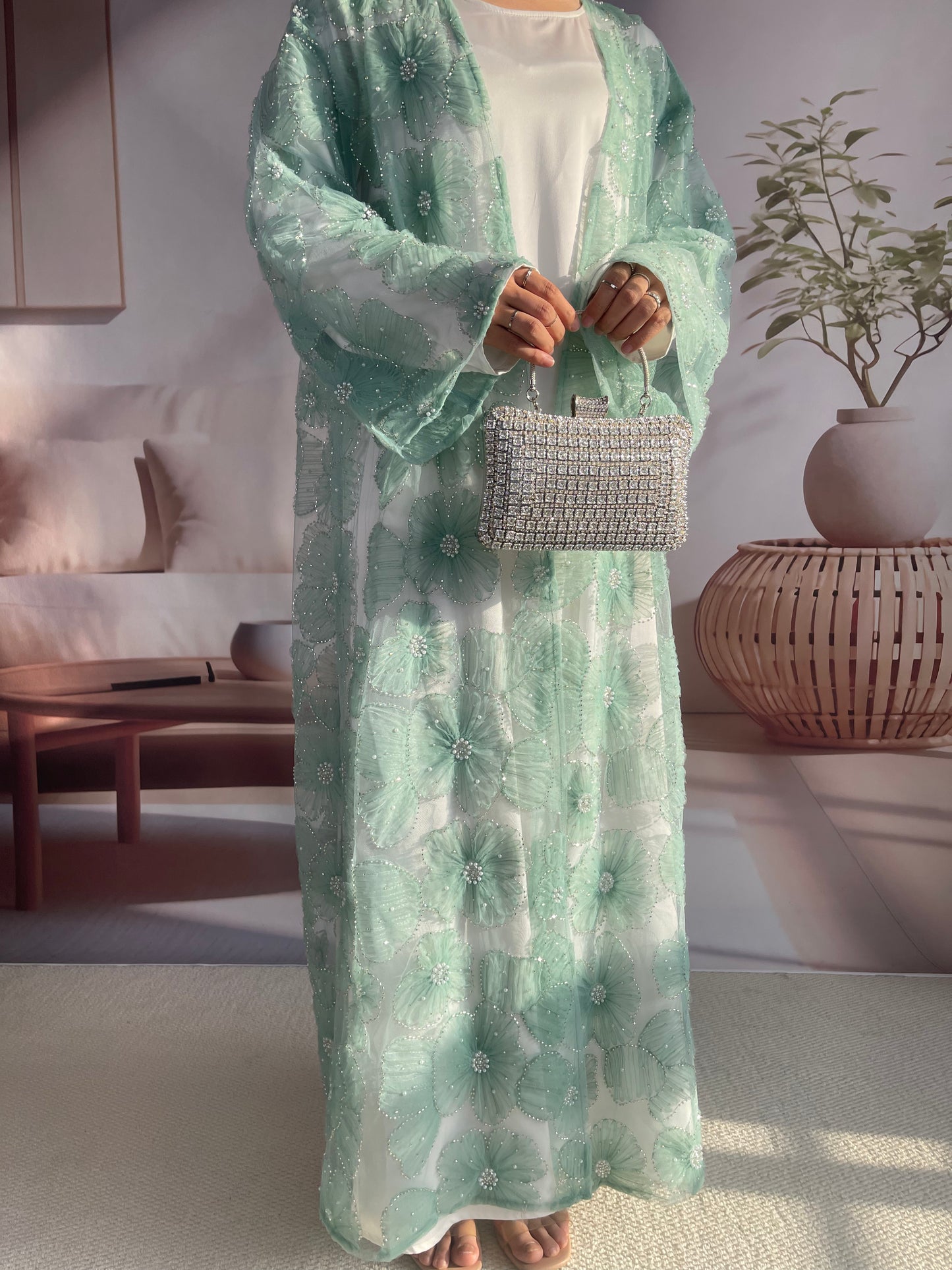 MSL881 Women 2 Pieces Set Open Abaya Mesh Flower Bead Embroidered Coat and Dress(Open Abaya+Inner Dress)