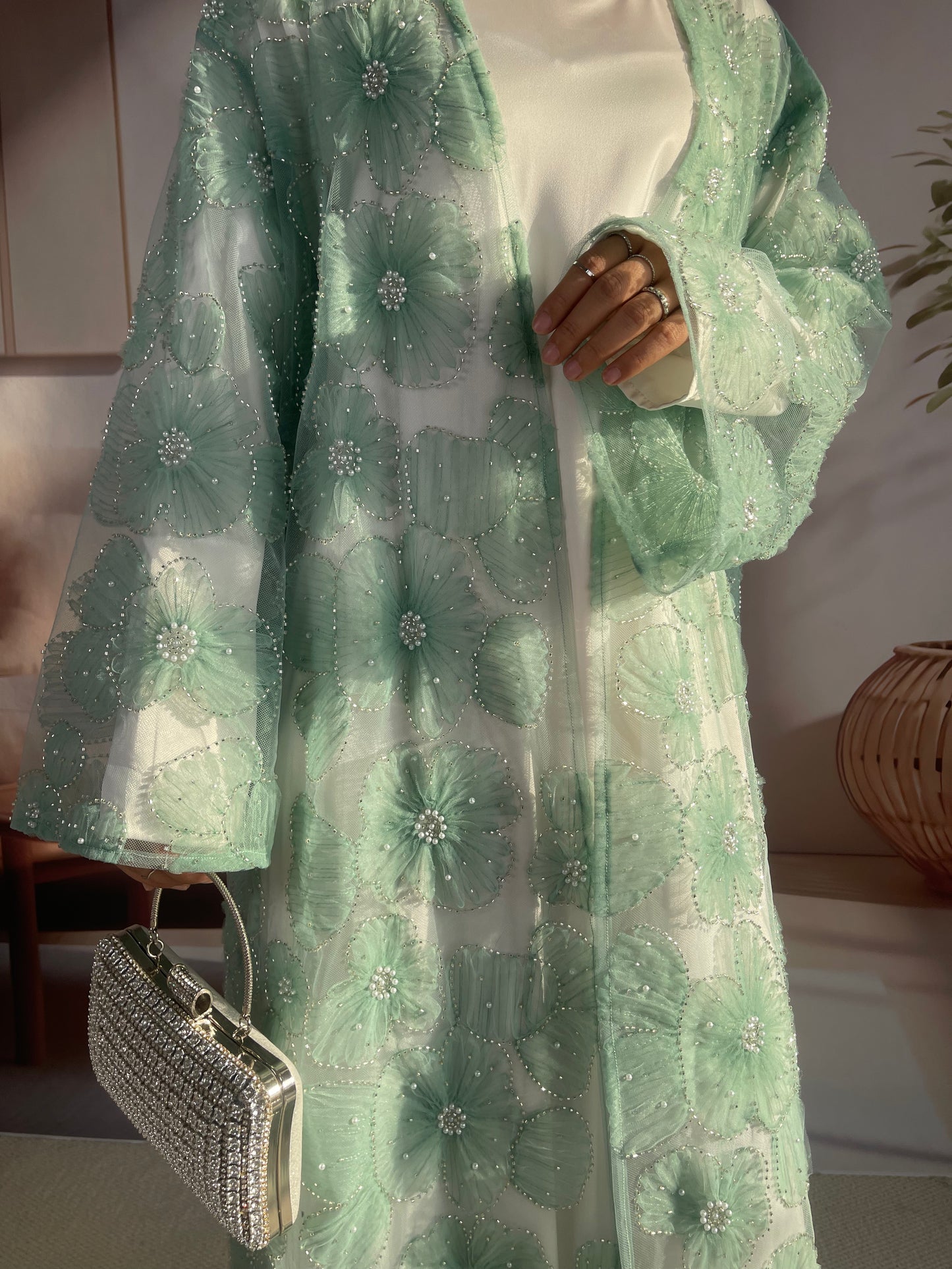 MSL881 Women 2 Pieces Set Open Abaya Mesh Flower Bead Embroidered Coat and Dress(Open Abaya+Inner Dress)