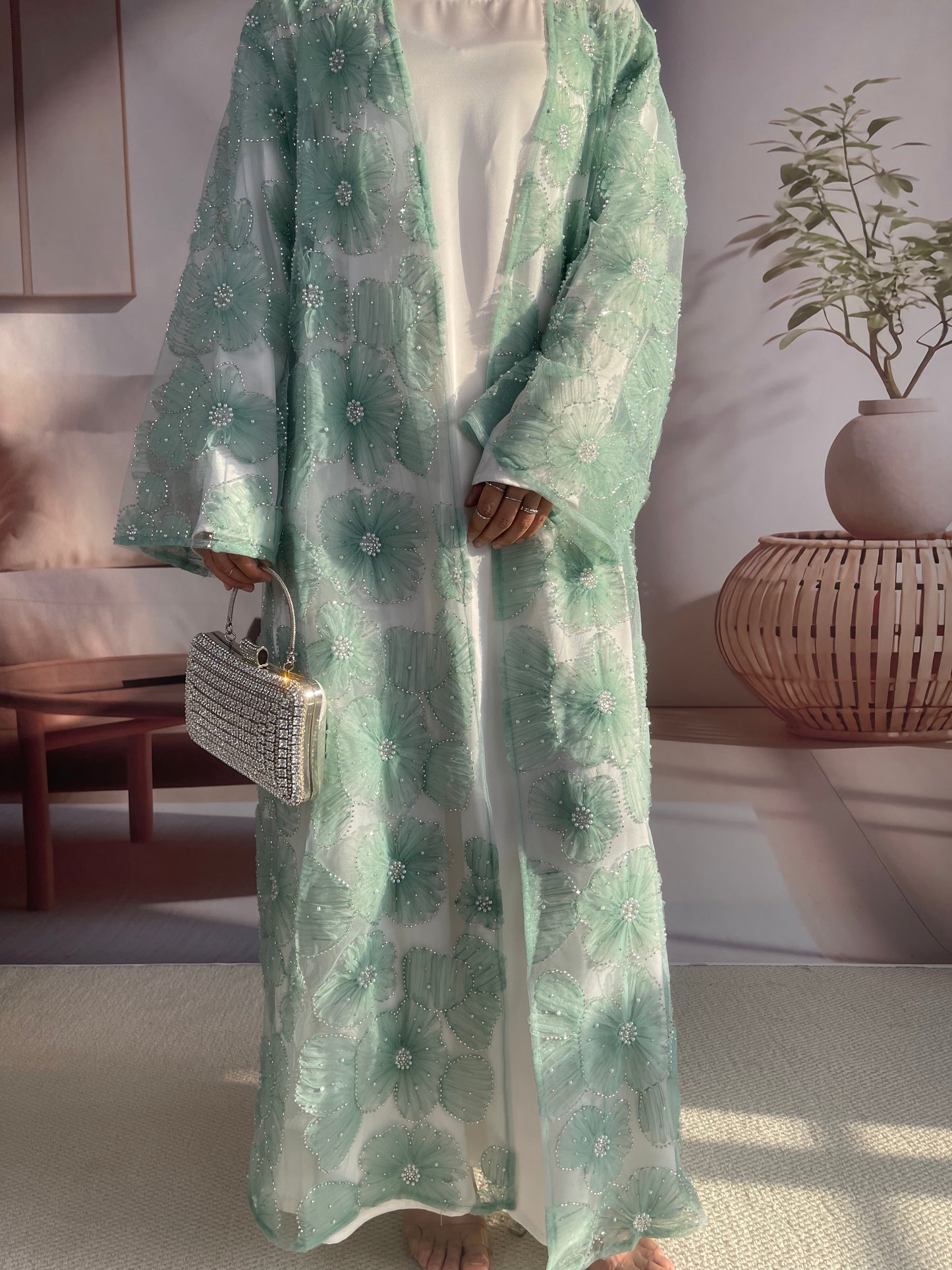 MSL881 Women 2 Pieces Set Open Abaya Mesh Flower Bead Embroidered Coat and Dress(Open Abaya+Inner Dress)