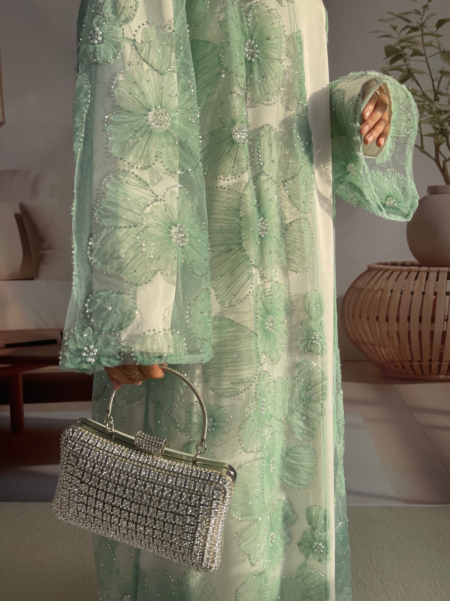 MSL881 Women 2 Pieces Set Open Abaya Mesh Flower Bead Embroidered Coat and Dress(Open Abaya+Inner Dress)