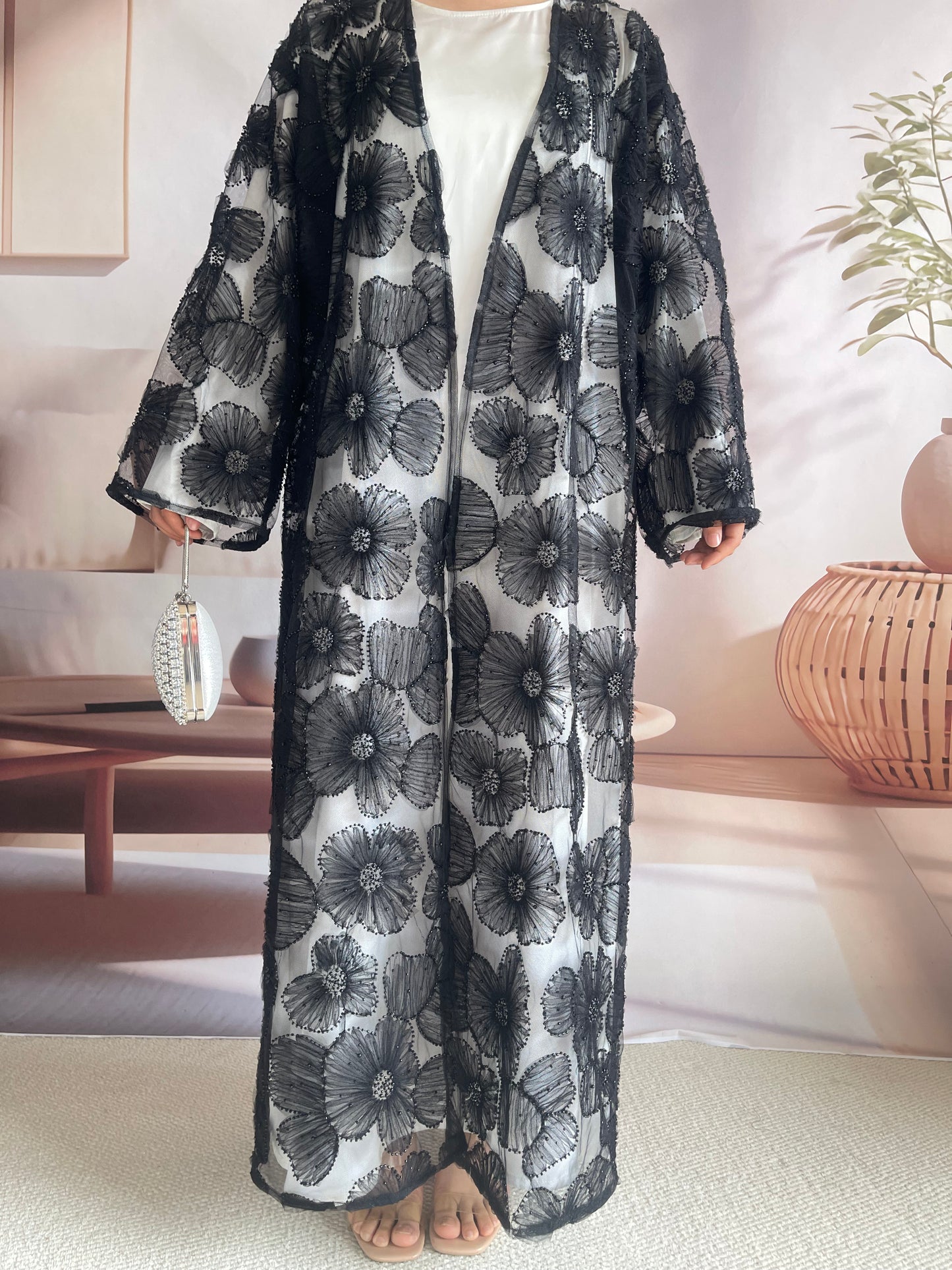 MSL881 Women 2 Pieces Set Open Abaya Mesh Flower Bead Embroidered Coat and Dress(Open Abaya+Inner Dress)