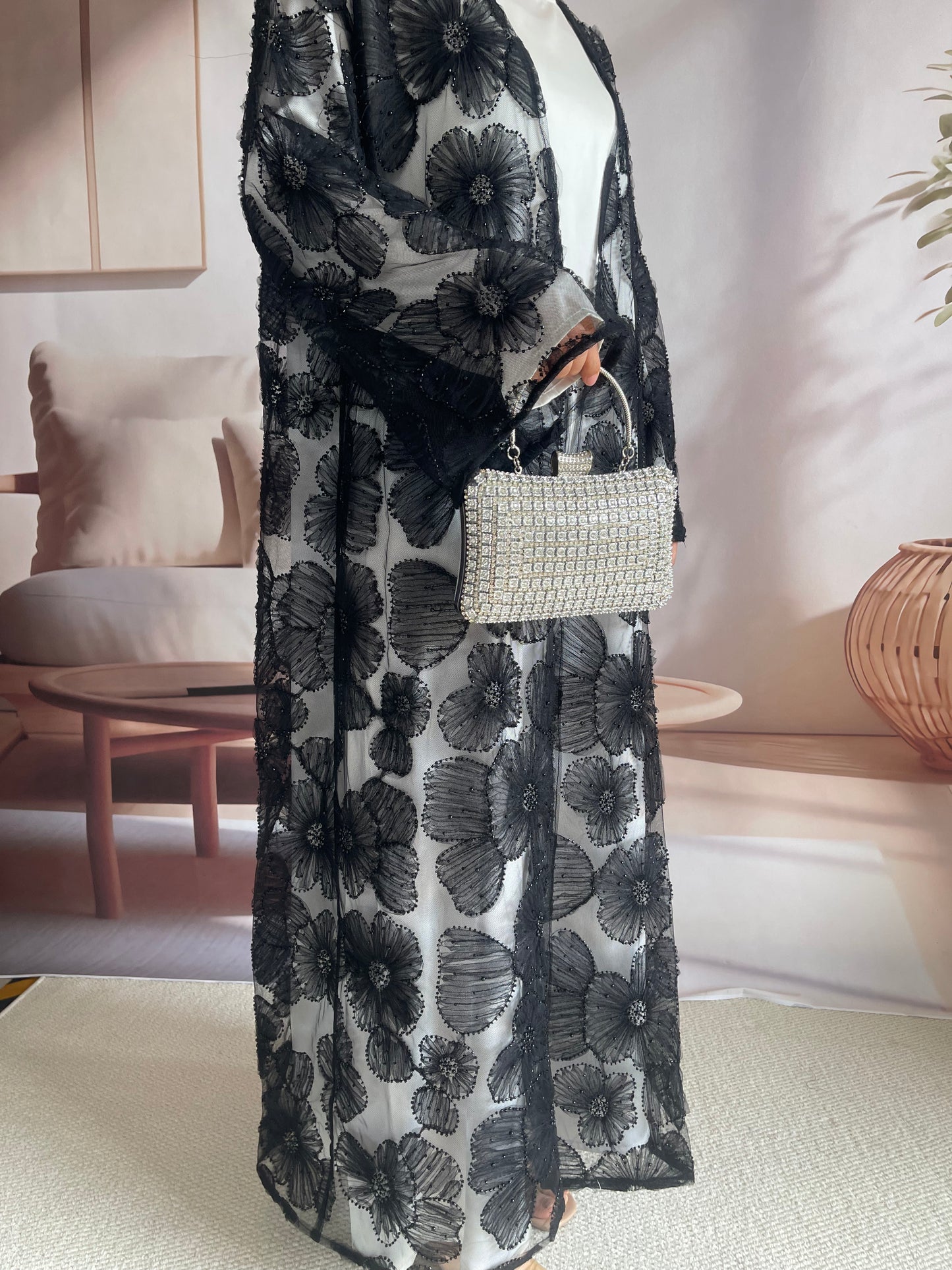 MSL881 Women 2 Pieces Set Open Abaya Mesh Flower Bead Embroidered Coat and Dress(Open Abaya+Inner Dress)