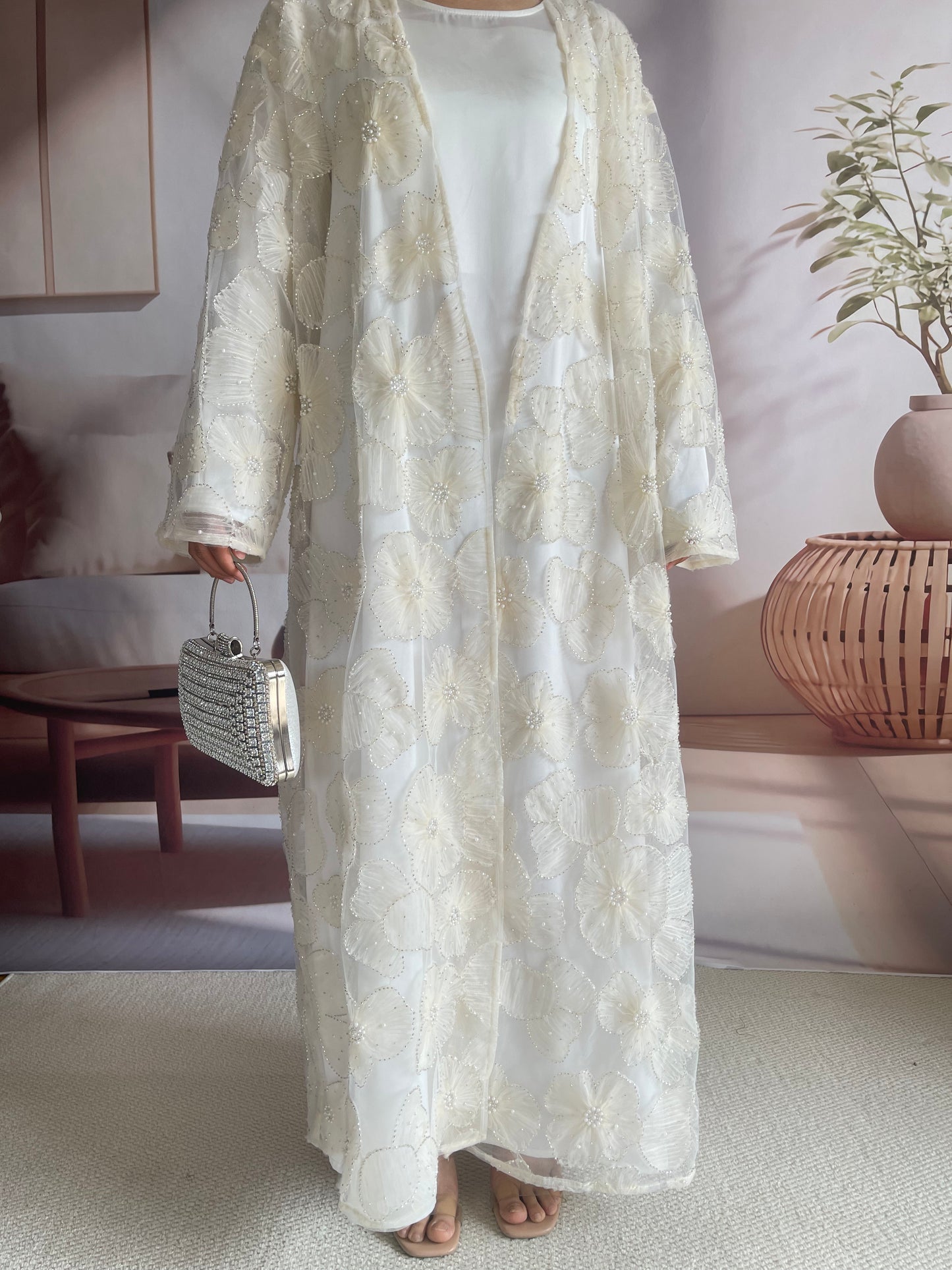 MSL881 Women 2 Pieces Set Open Abaya Mesh Flower Bead Embroidered Coat and Dress(Open Abaya+Inner Dress)