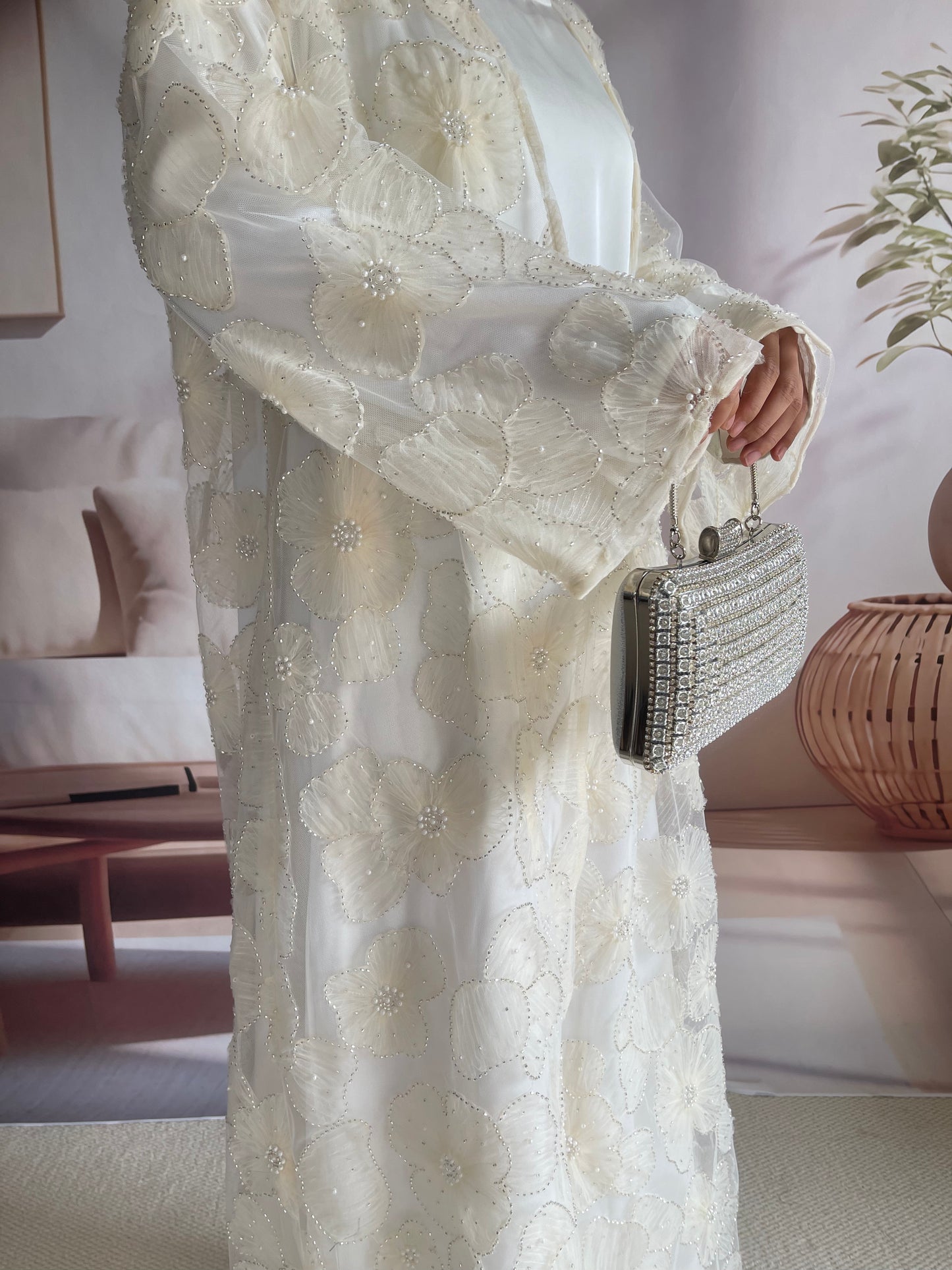 MSL881 Women 2 Pieces Set Open Abaya Mesh Flower Bead Embroidered Coat and Dress(Open Abaya+Inner Dress)