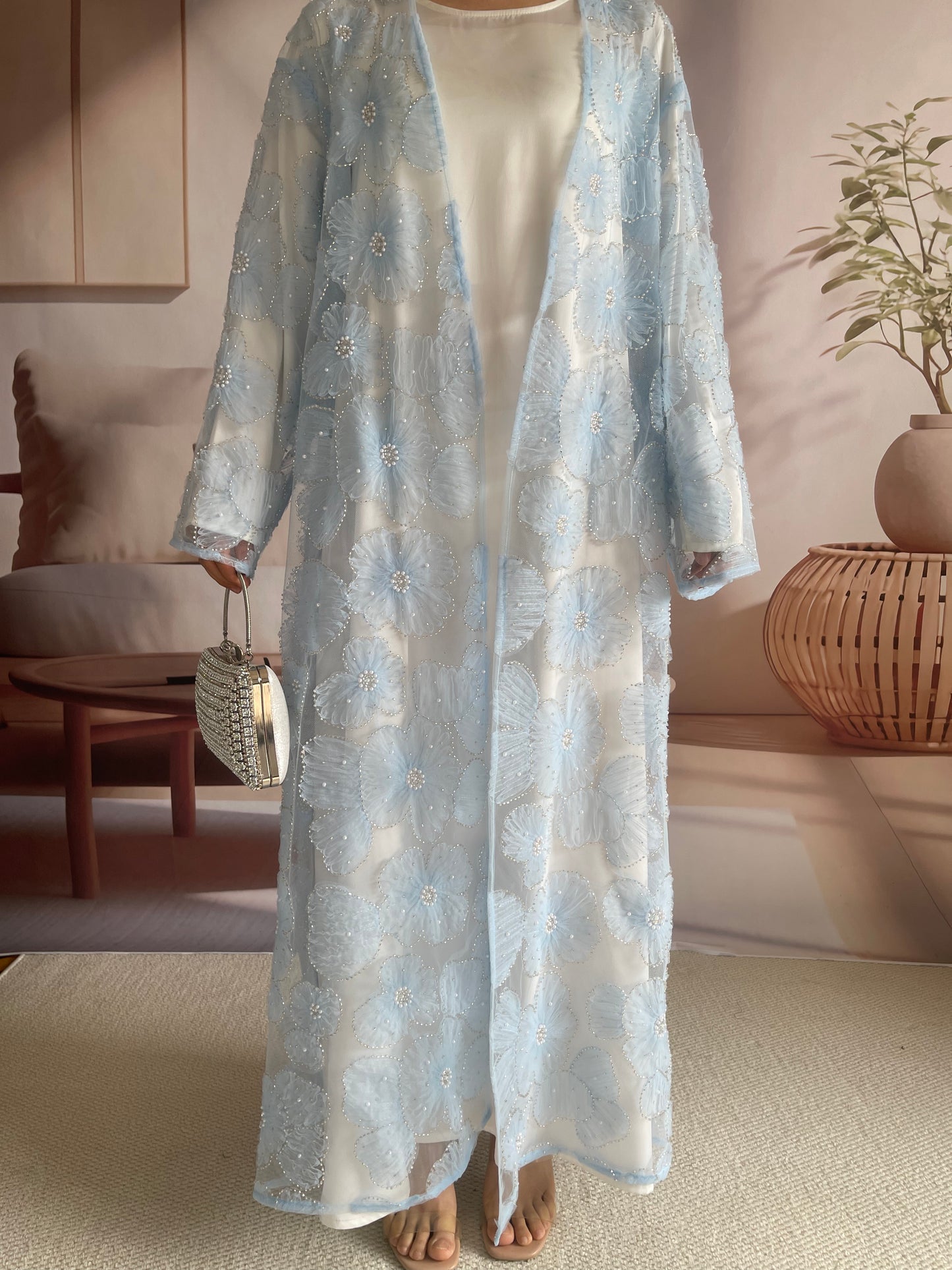 MSL881 Women 2 Pieces Set Open Abaya Mesh Flower Bead Embroidered Coat and Dress(Open Abaya+Inner Dress)
