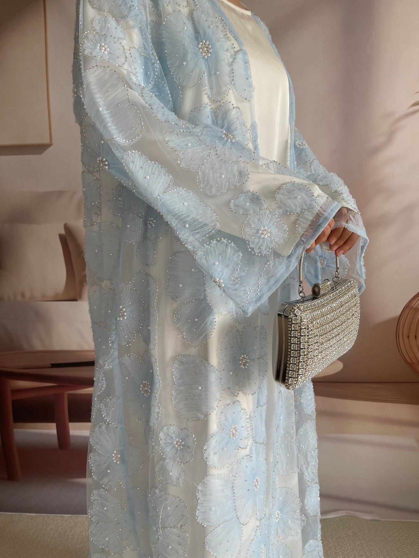 MSL881 Women 2 Pieces Set Open Abaya Mesh Flower Bead Embroidered Coat and Dress(Open Abaya+Inner Dress)