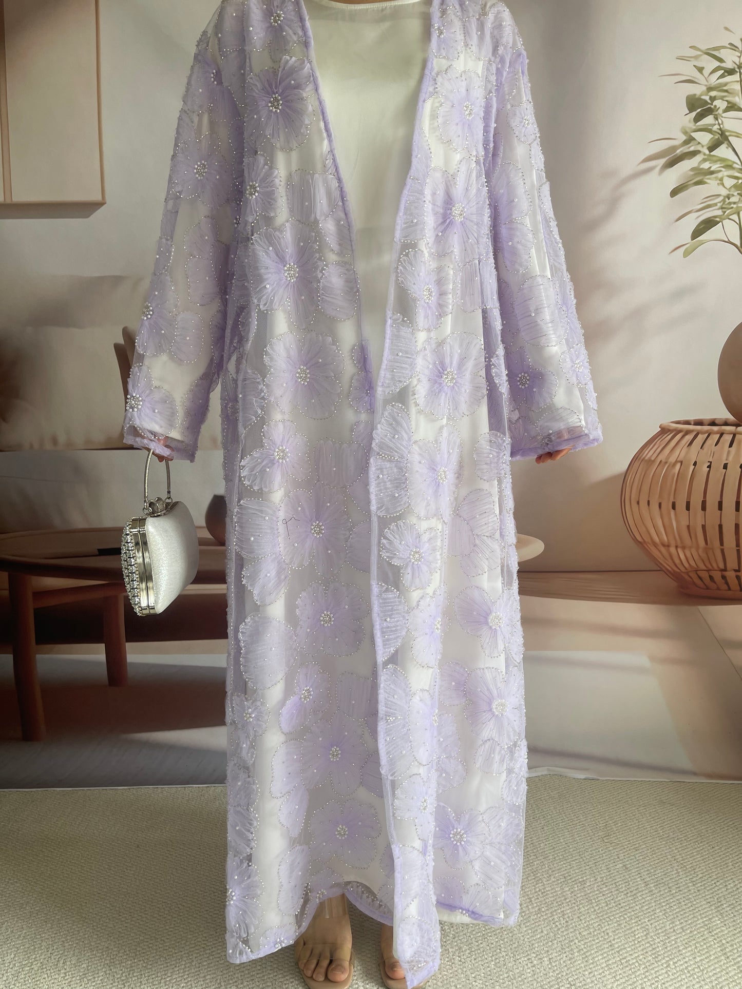 MSL881 Women 2 Pieces Set Open Abaya Mesh Flower Bead Embroidered Coat and Dress(Open Abaya+Inner Dress)