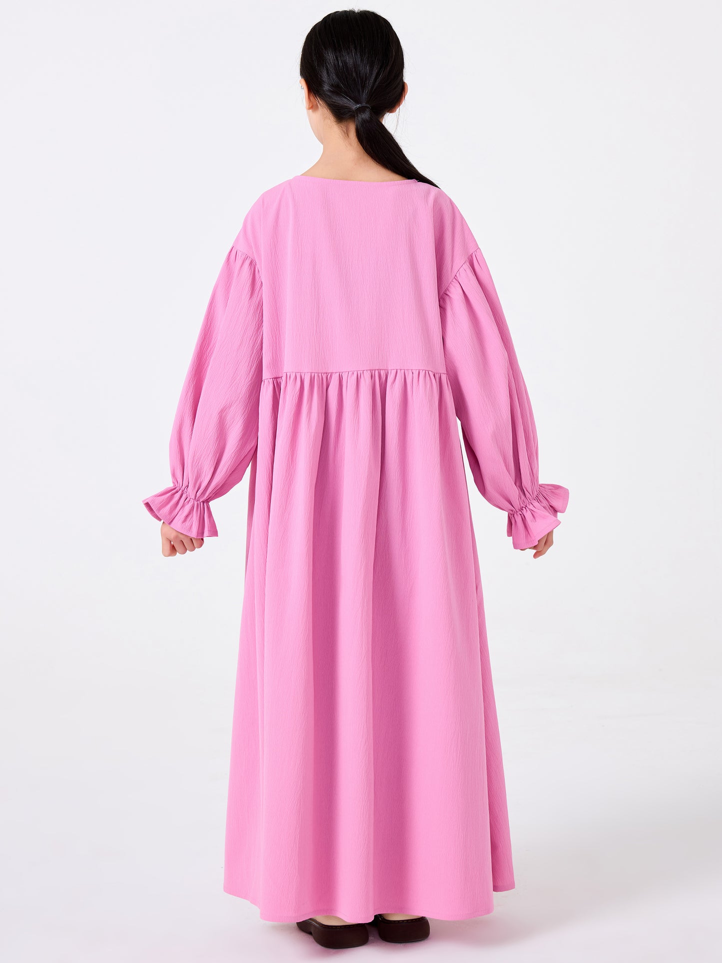 Middle Eastern Muslim Girls Solid Color Round Neck Flared Sleeve Dress Abaya Robe MSL8250