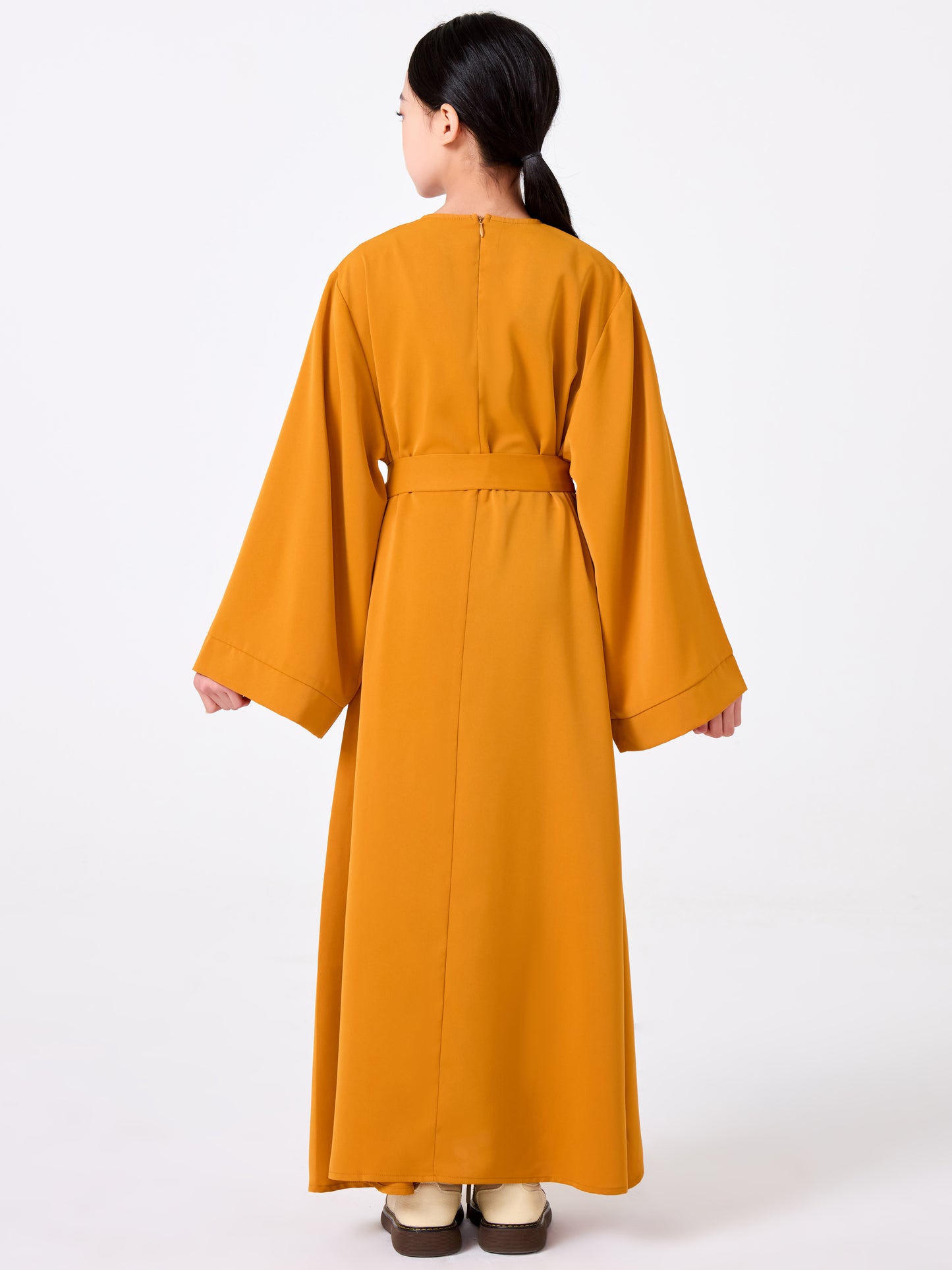 Ramadan Middle Eastern Muslim Girls Solid Color Flared Sleeve Base Abaya with Belt MSL999