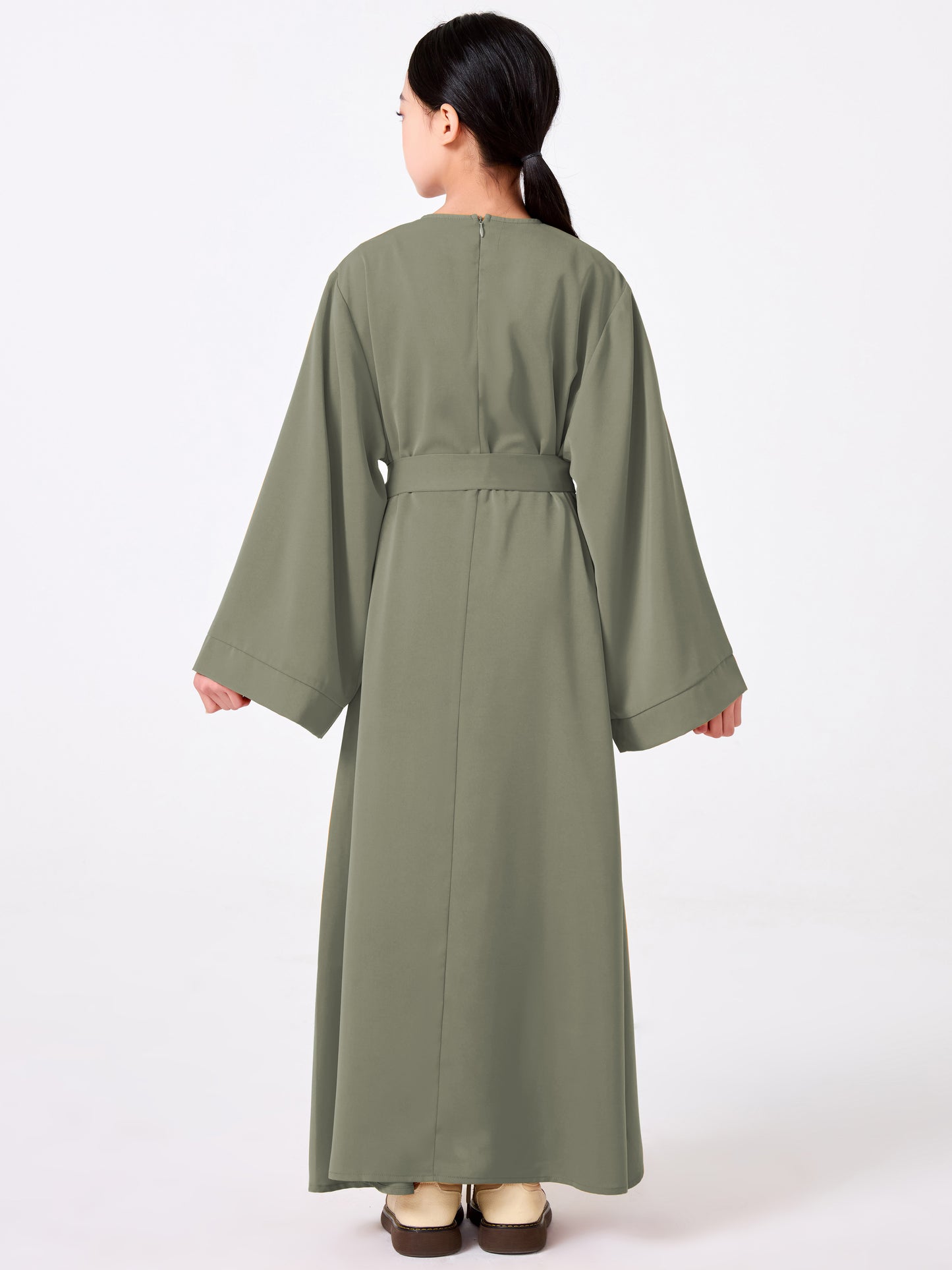 Ramadan Middle Eastern Muslim Girls Solid Color Flared Sleeve Base Abaya with Belt MSL999