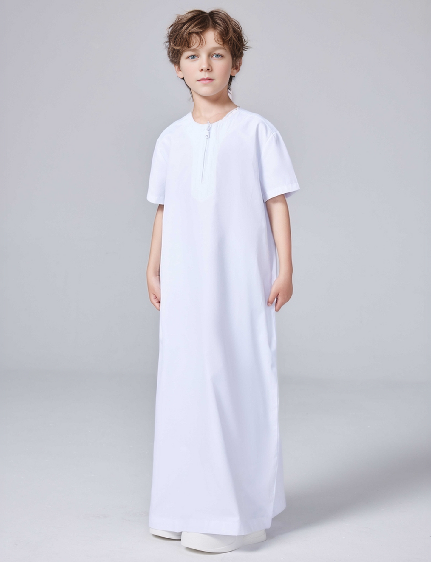 Islam Thobe Ramadan Middle East Muslim Arab Dubai Turkey Solid Color Boy Short Sleeve Zipper Shirt Robe MSL221