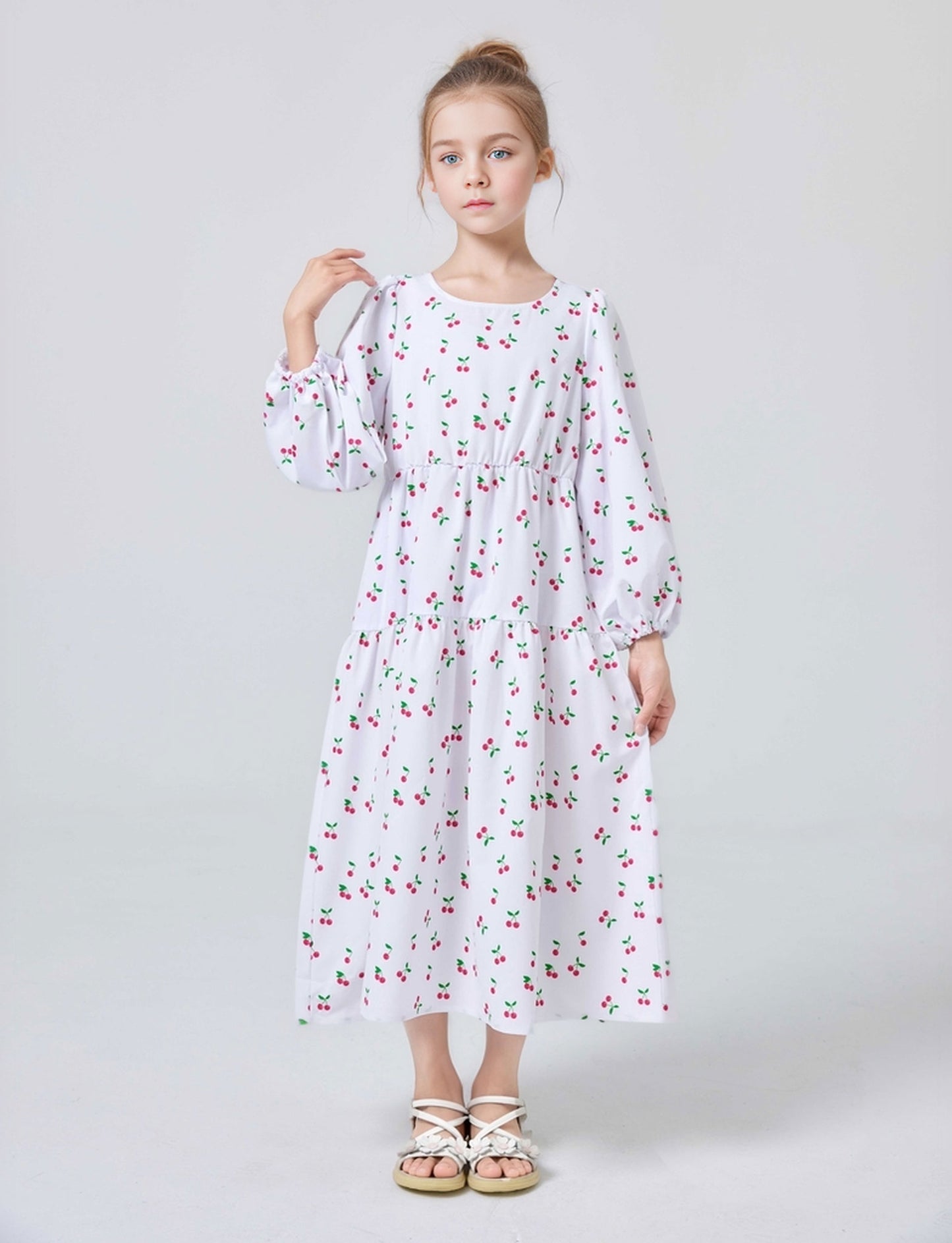 Ramadan Girls Loose & Casual Long Sleeve Allover Cherries Pattern Dress For Spring & Fall Daily Wear Pringbud Abaya Pringbud A MSL196