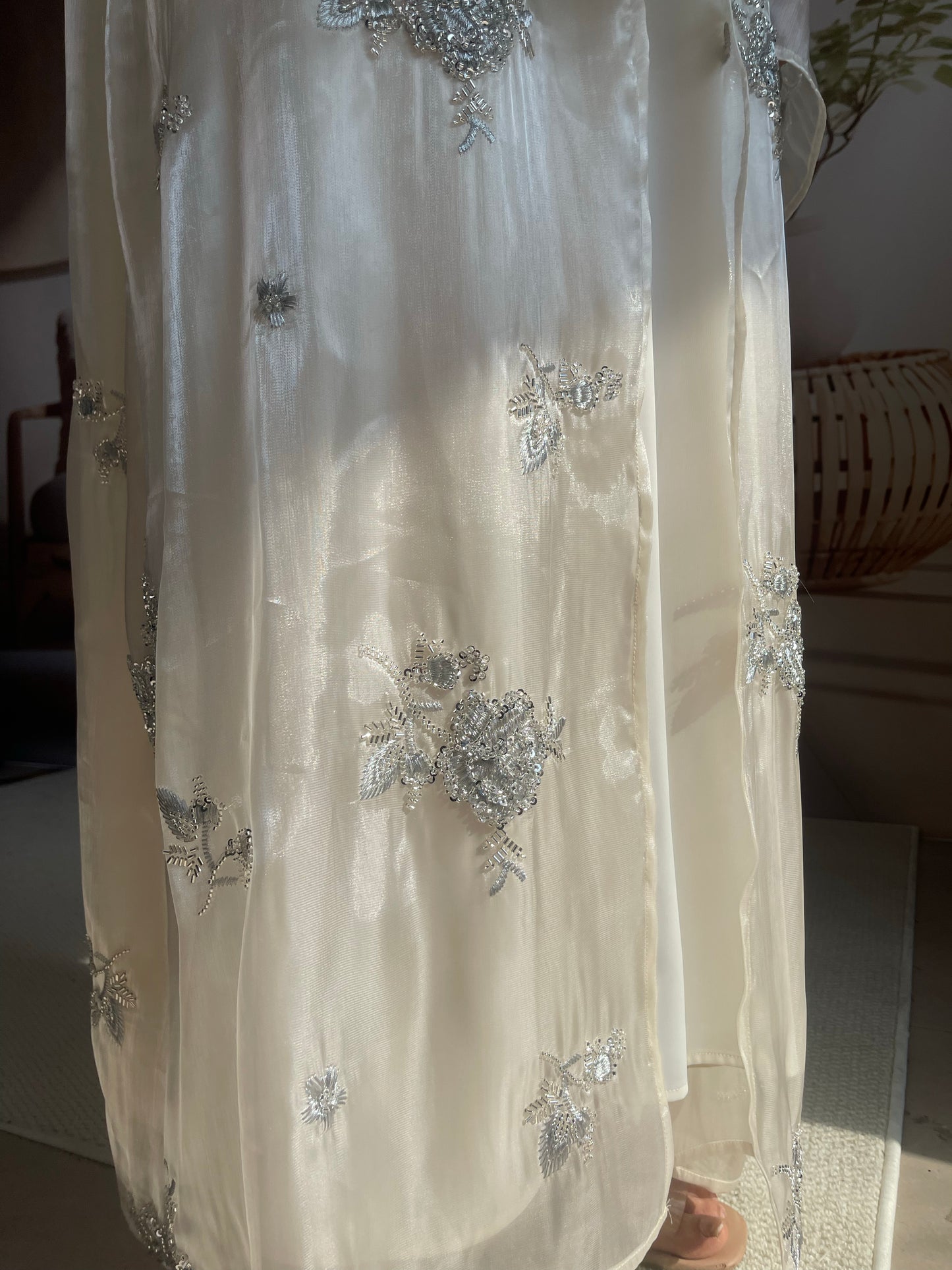 MSL888 Silver Rose Organza Beaded Embroidered Abaya Set