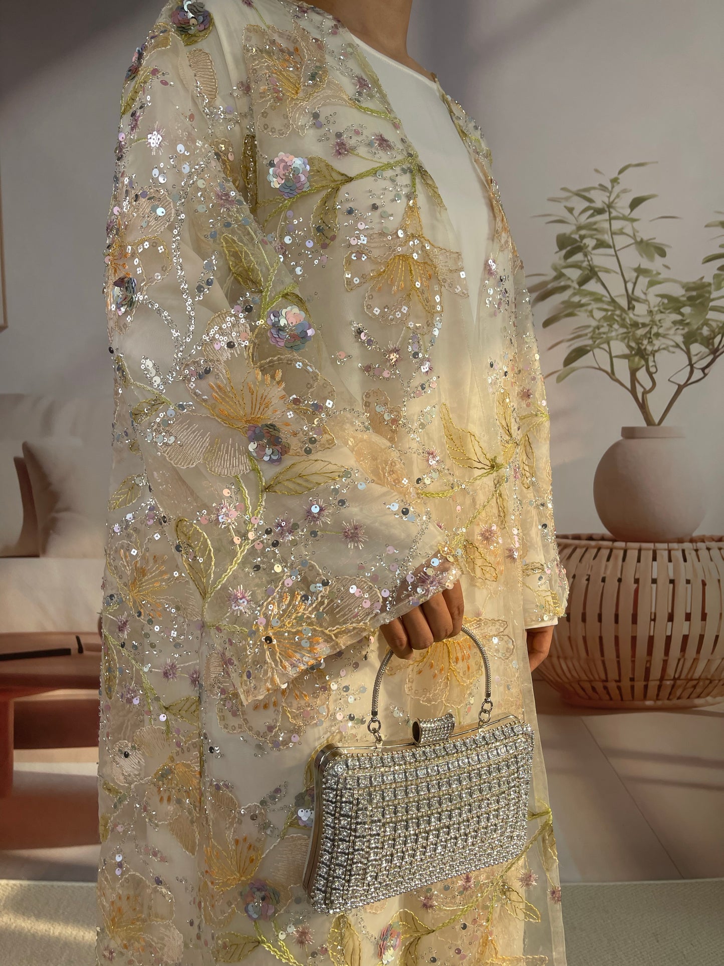MSL894 Yellow Flowers Open Abaya Set
