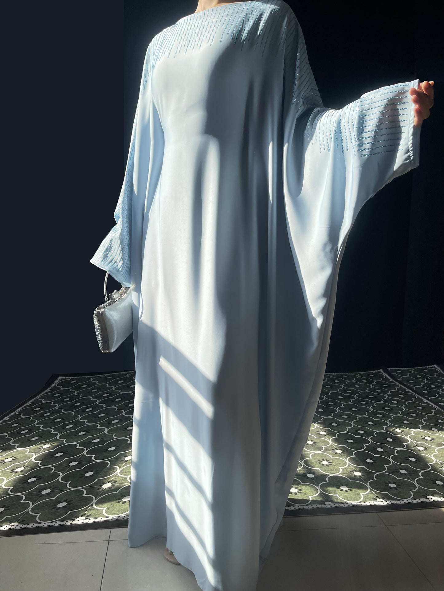 MSL324 Middle Eastern Muslim Maxi Dress Women's Robe Solid Color Bat-sleeve Hotfix Crystals Abaya