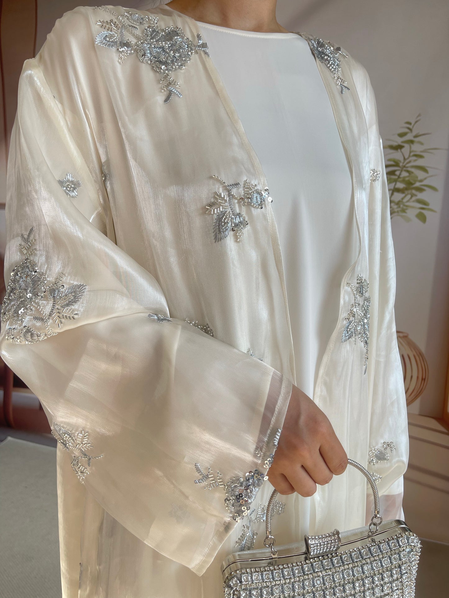MSL888 Silver Rose Organza Beaded Embroidered Abaya Set
