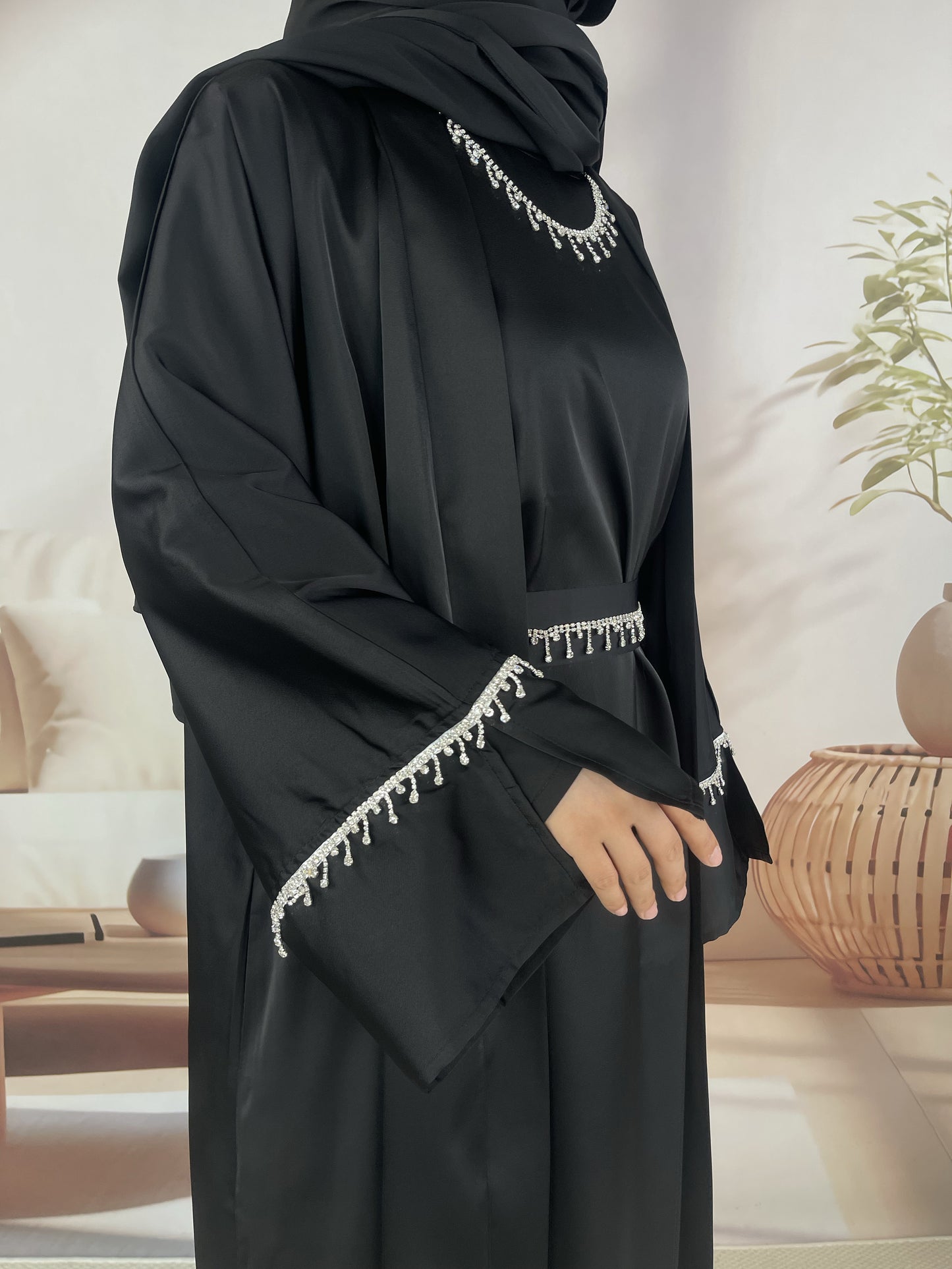 MSL041 Luxury Satin Abaya With Diamond Tassels Belt, 6-Piece Set