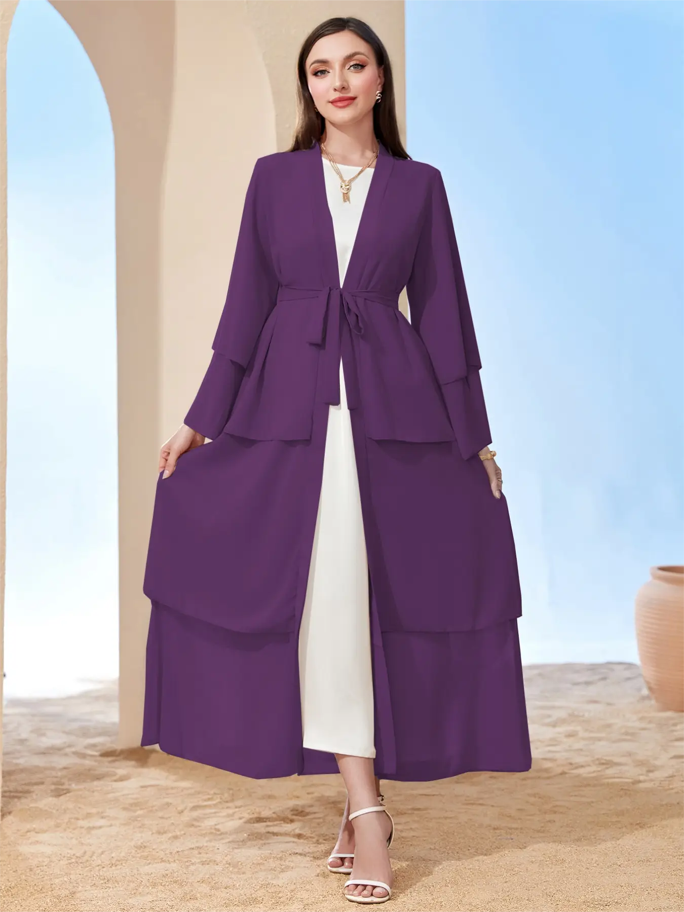 Ramadan kebaya Layered Open Front Abaya, Long Sleeve Dress With Belted , Without Hijab, Women's Clothing MSL1
