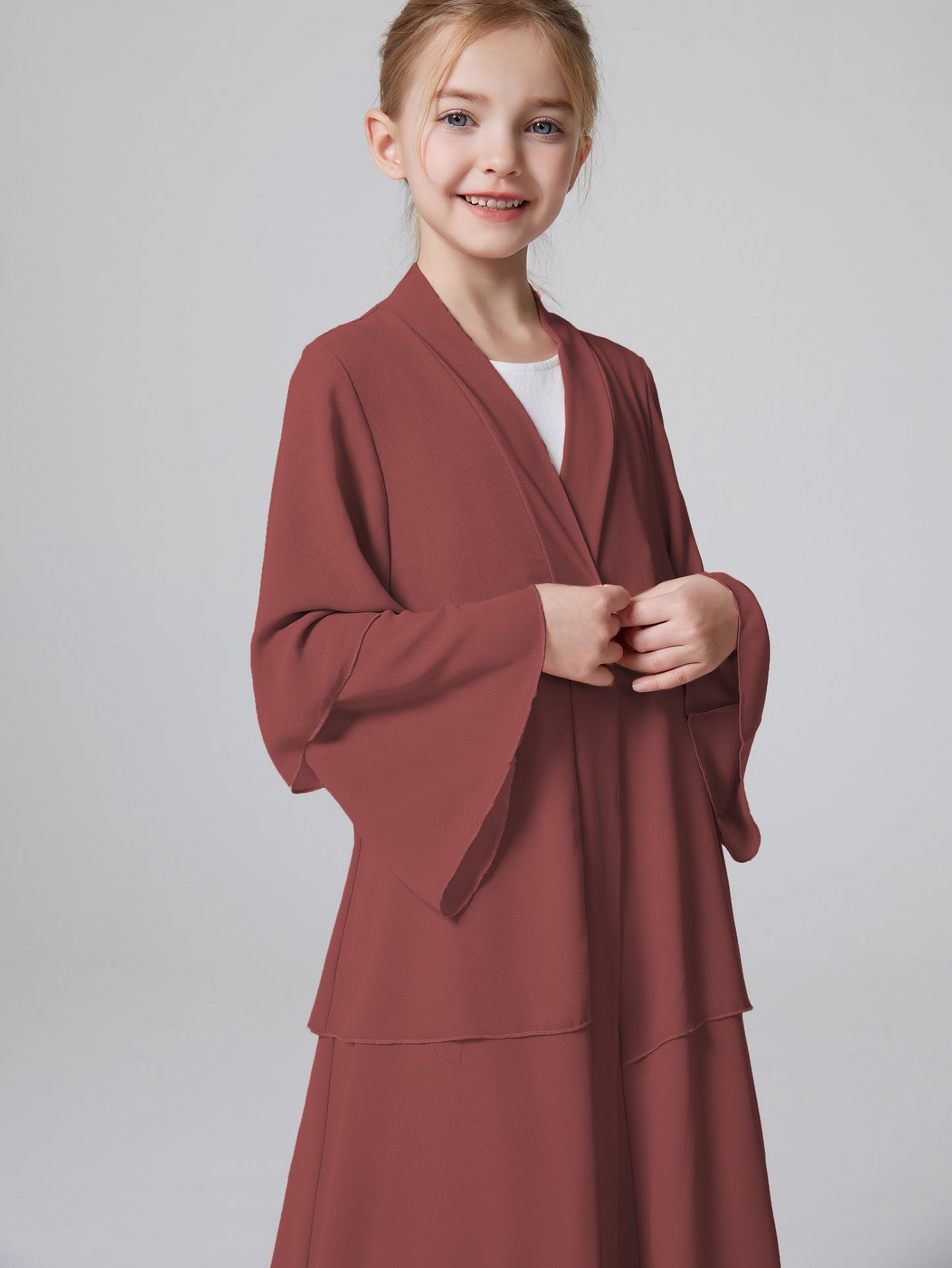 Ramadan Muslim Girls 3 Layered Chiffon Kids Abaya Dress Open Front Abaya Kebaya Outerwear (Without Hijab) MSL132