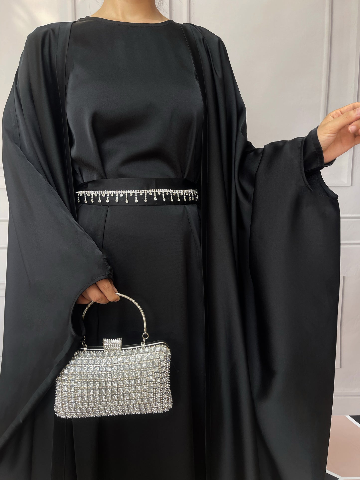 【Auf Lager】5-teiliges Set Butterfly Abaya mit Niqab, lose Vollabdeckung Satin Abaya MSL019