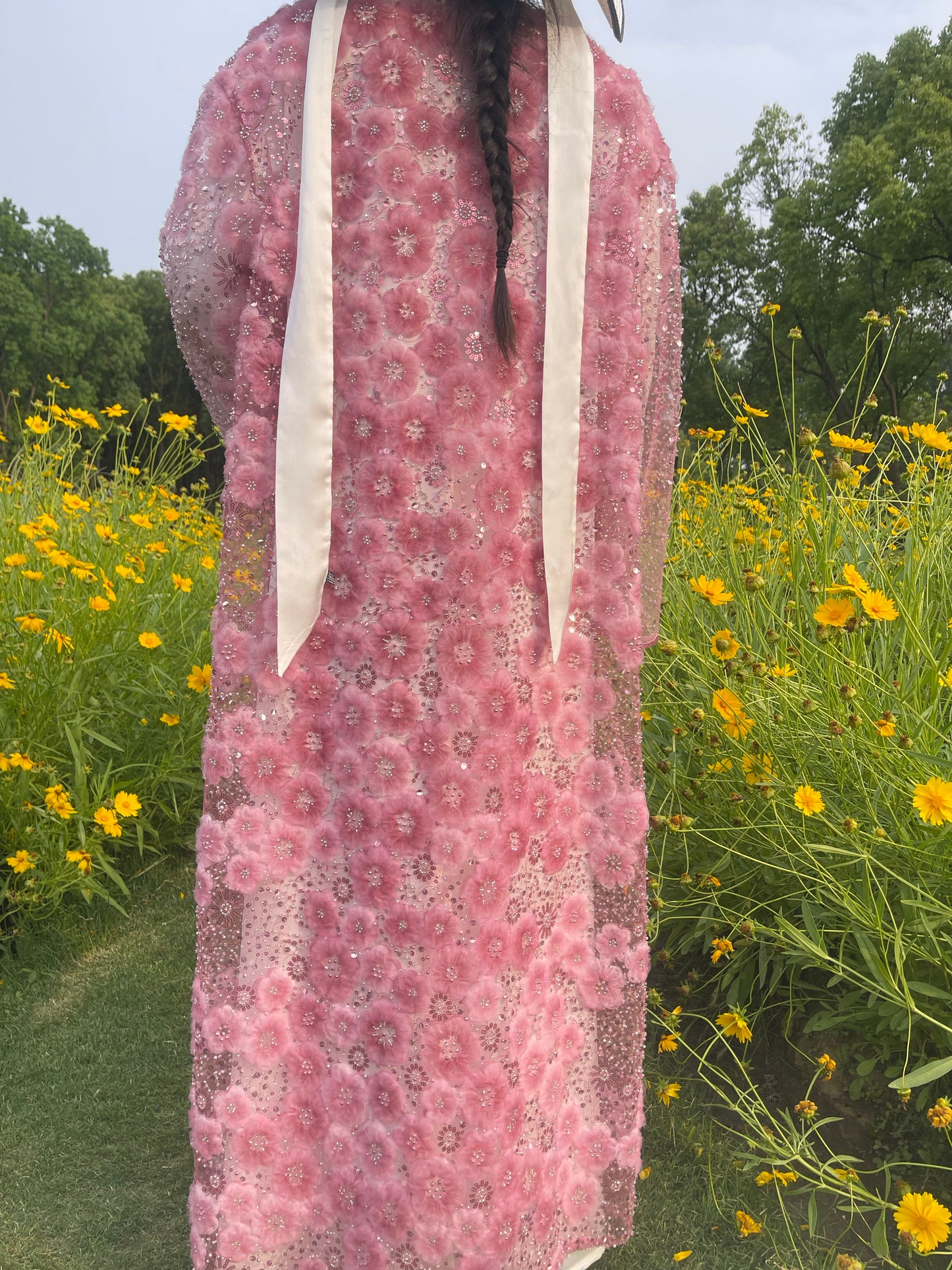 MSL893 Raspberry Red Flower Open Abaya