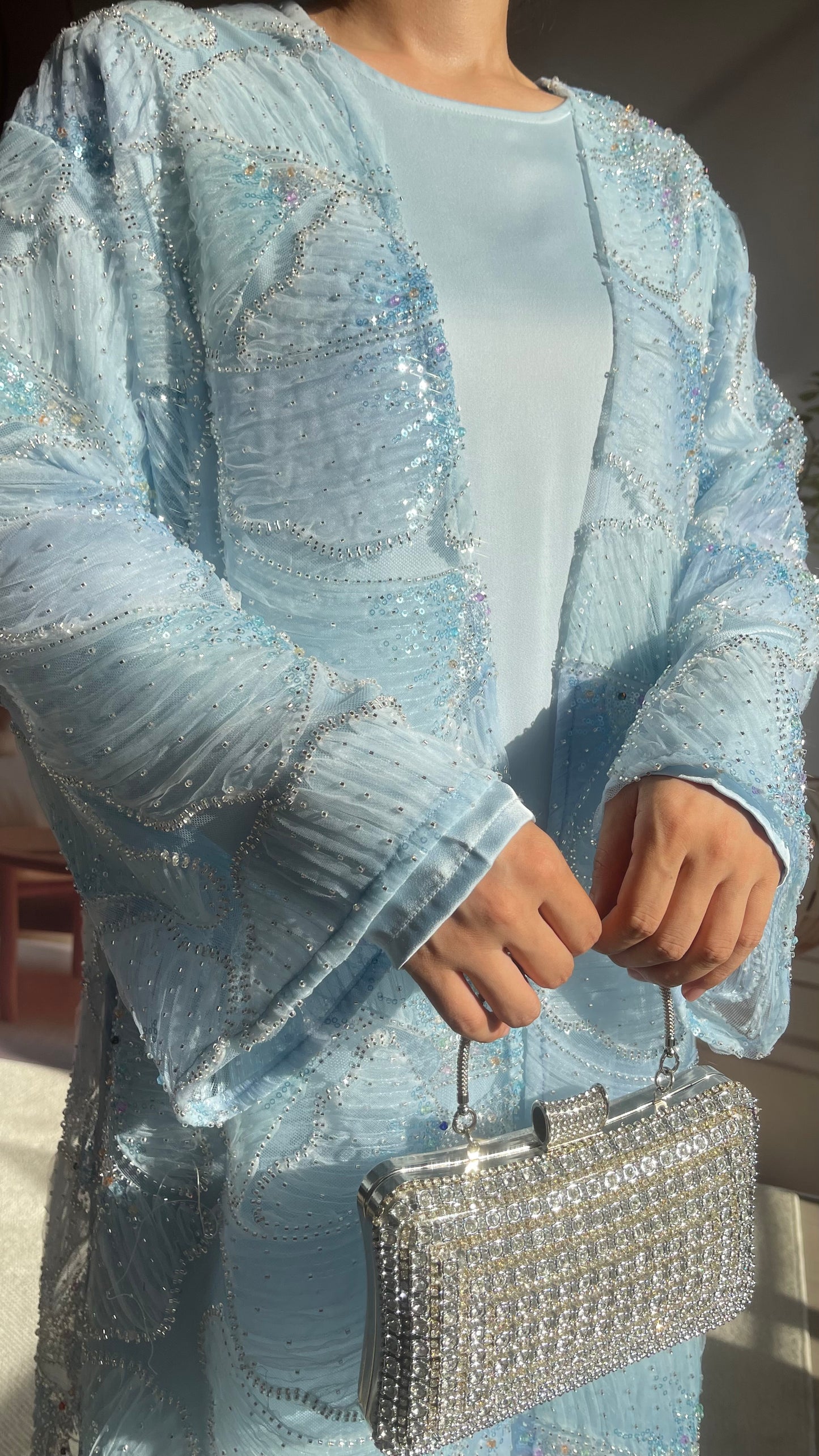 MSL883 Frozen Blue Multicolor Bead Princess Open Abaya